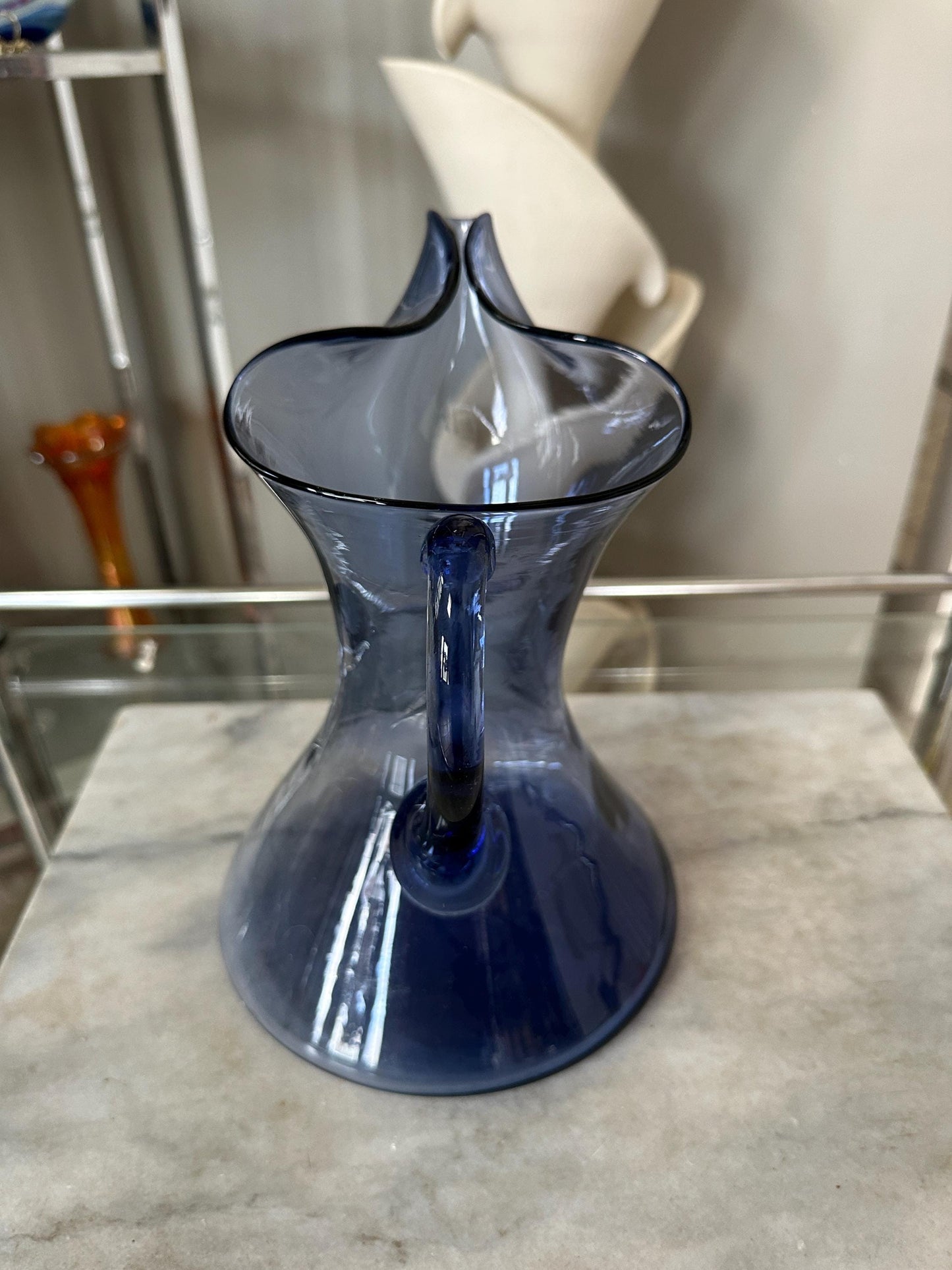 Vintage MCM Smokey Blue Glass Pitcher – (Blenko / Guildcraft ?) – Mid-Century Art Glass