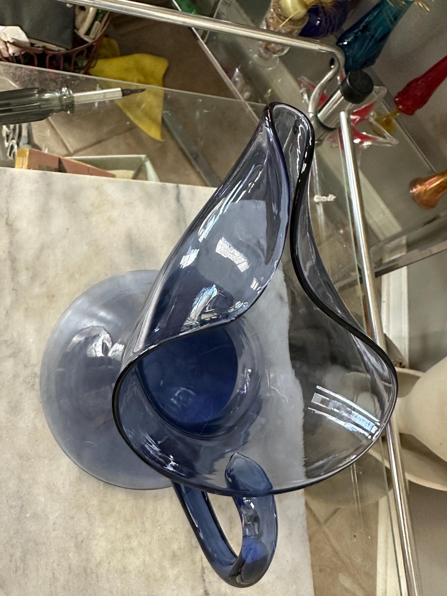 Vintage MCM Smokey Blue Glass Pitcher – (Blenko / Guildcraft ?) – Mid-Century Art Glass