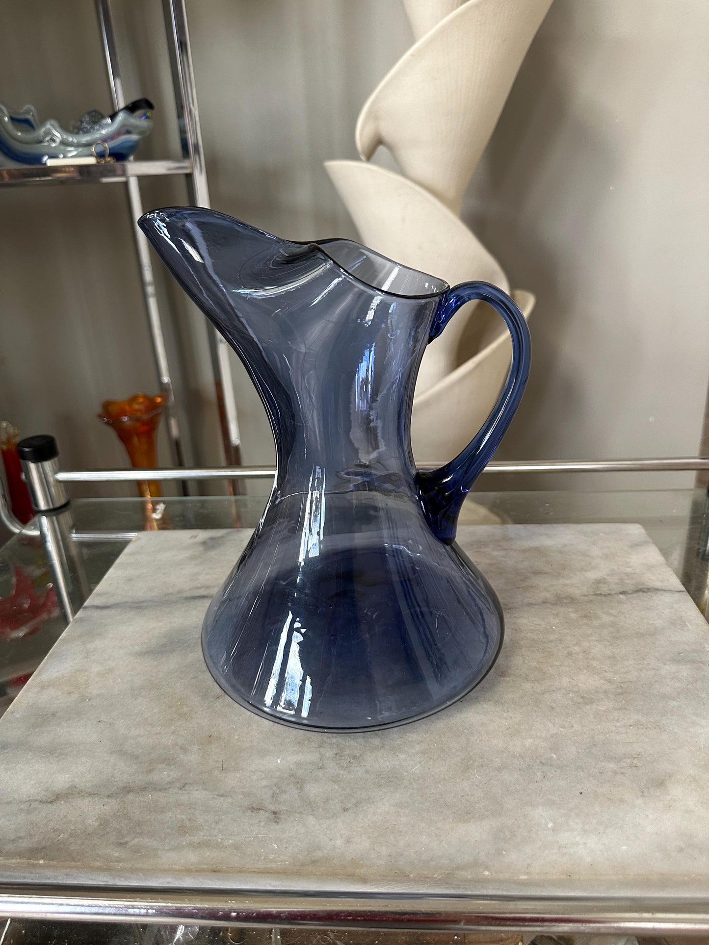 Vintage MCM Smokey Blue Glass Pitcher – (Blenko / Guildcraft ?) – Mid-Century Art Glass