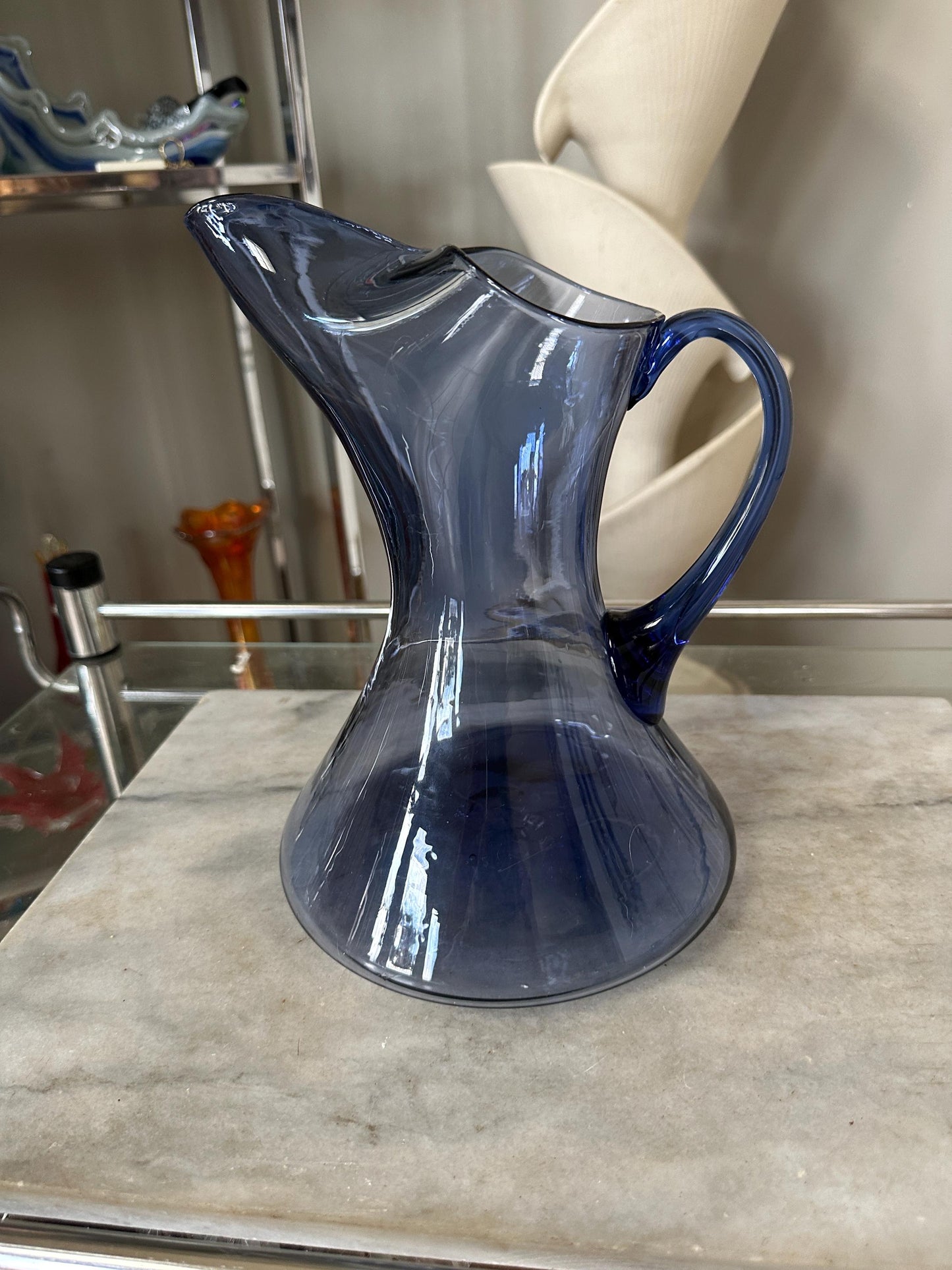 Vintage MCM Smokey Blue Glass Pitcher – (Blenko / Guildcraft ?) – Mid-Century Art Glass