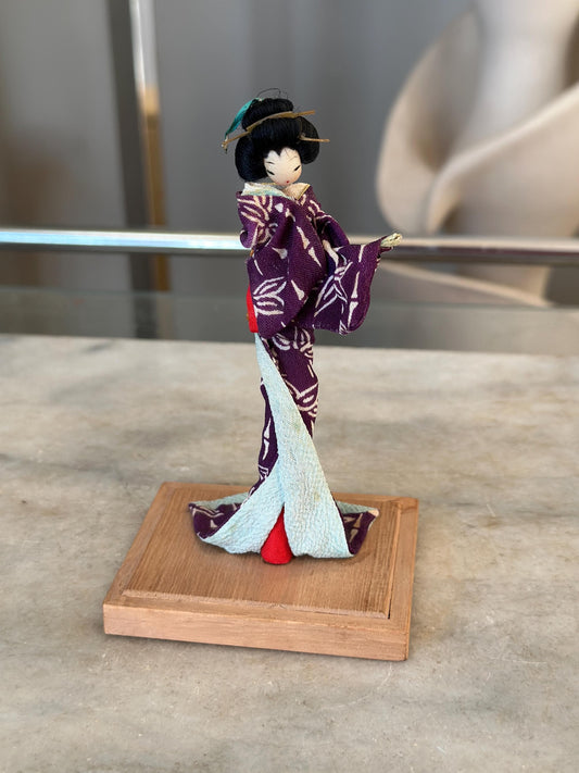 Vintage Japanese Kimono Doll on Wooden Stand – Handmade Asian Figurine – 5 inches tall