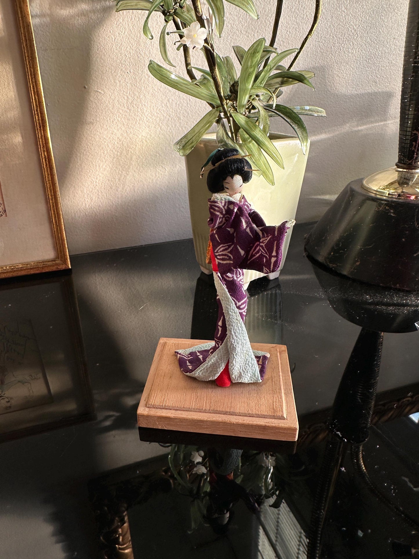 Vintage Japanese Kimono Doll on Wooden Stand – Handmade Asian Figurine – 5 inches tall