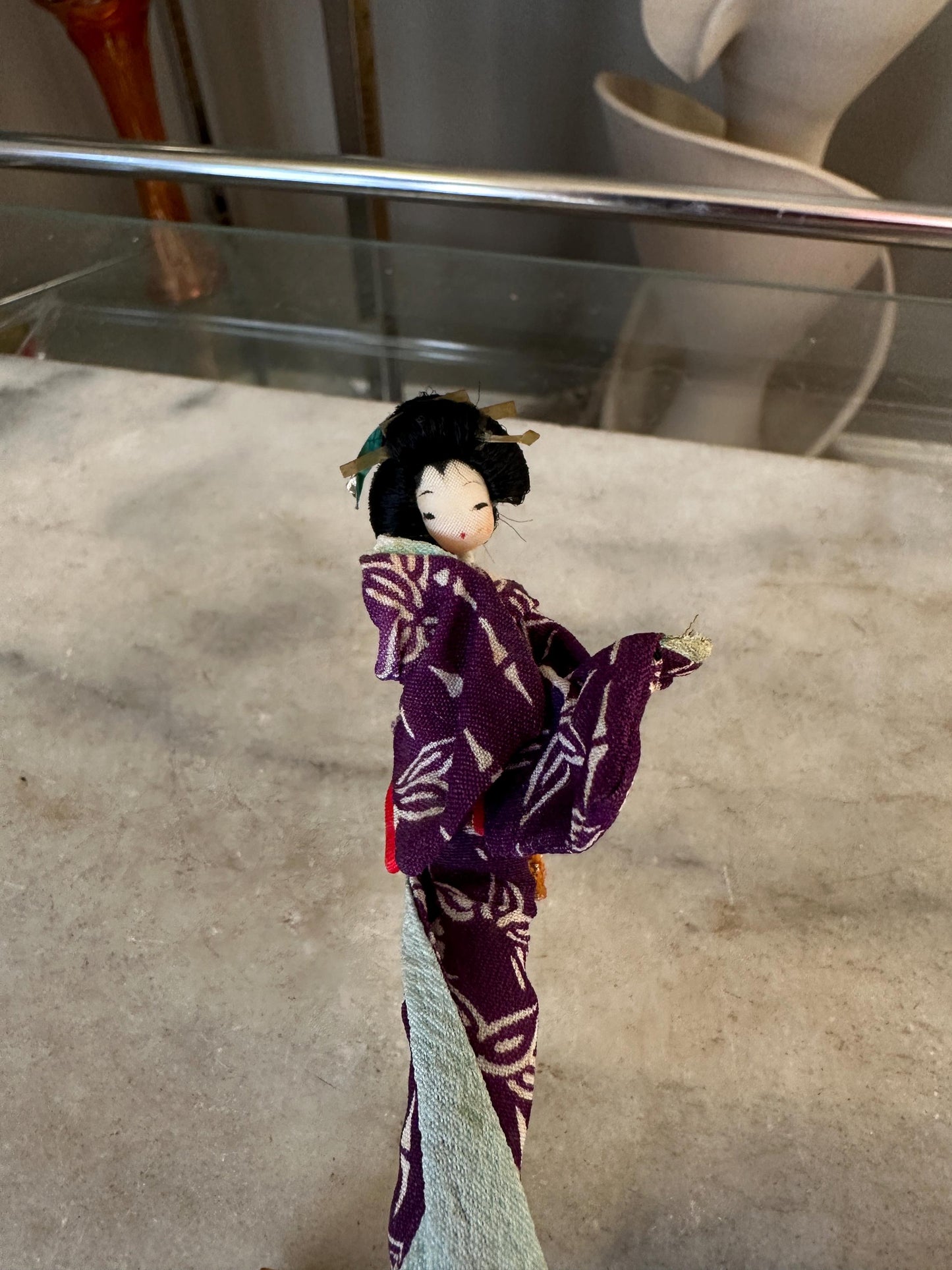 Vintage Japanese Kimono Doll on Wooden Stand – Handmade Asian Figurine – 5 inches tall