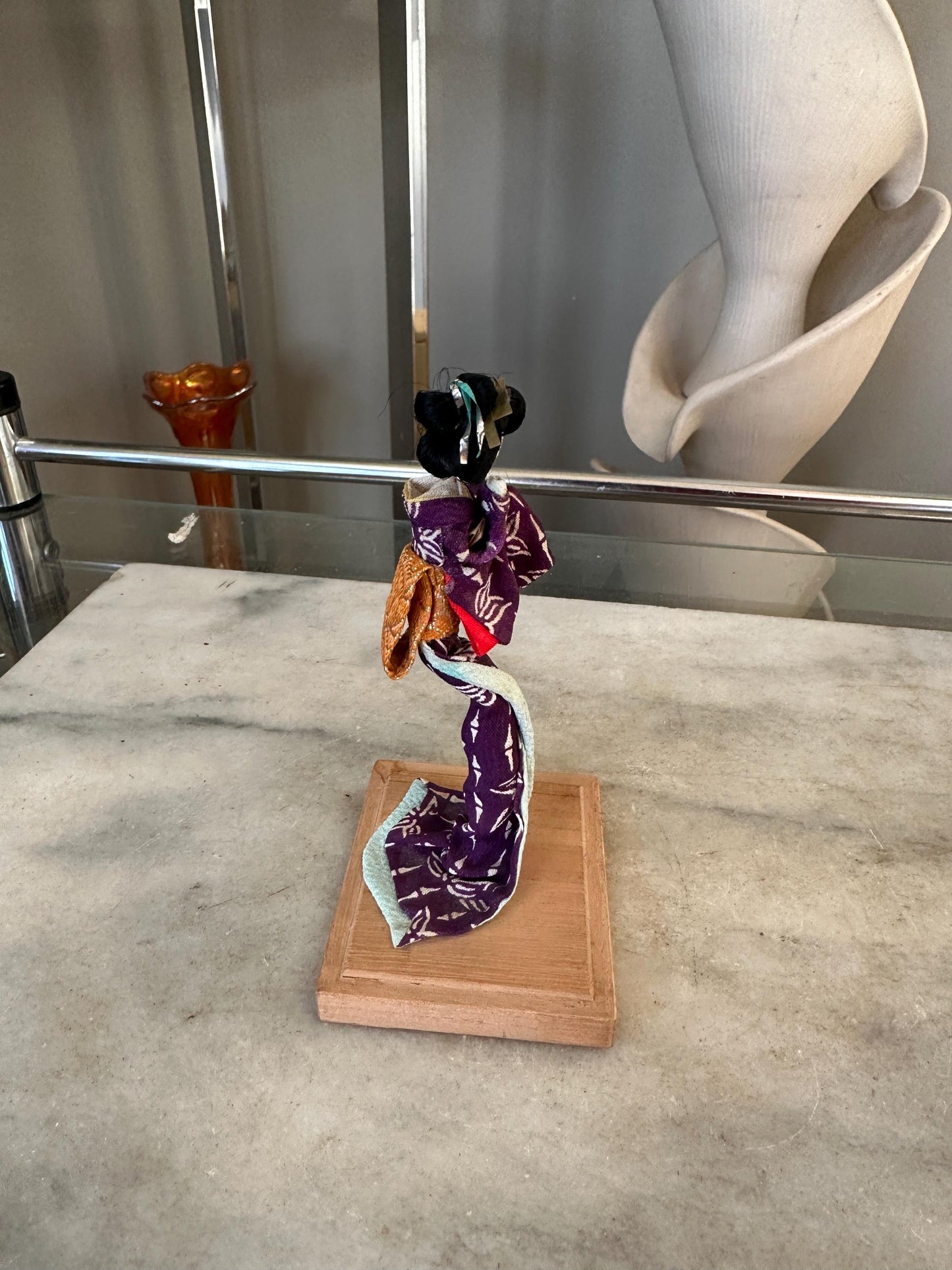 Vintage Japanese Kimono Doll on Wooden Stand – Handmade Asian Figurine – 5 inches tall