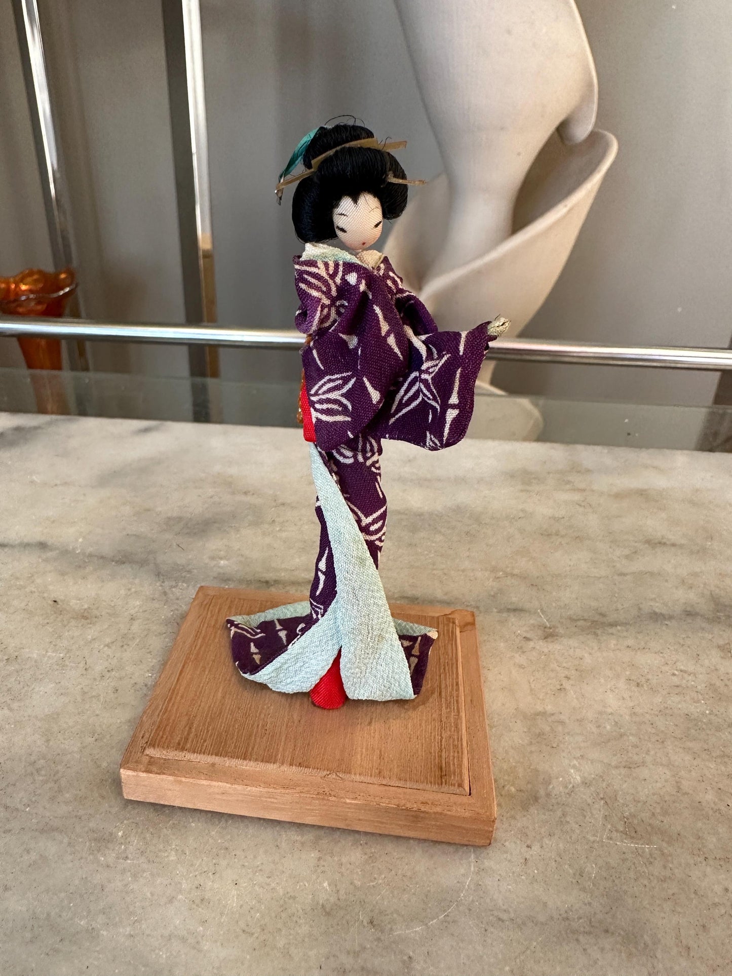 Vintage Japanese Kimono Doll on Wooden Stand – Handmade Asian Figurine – 5 inches tall