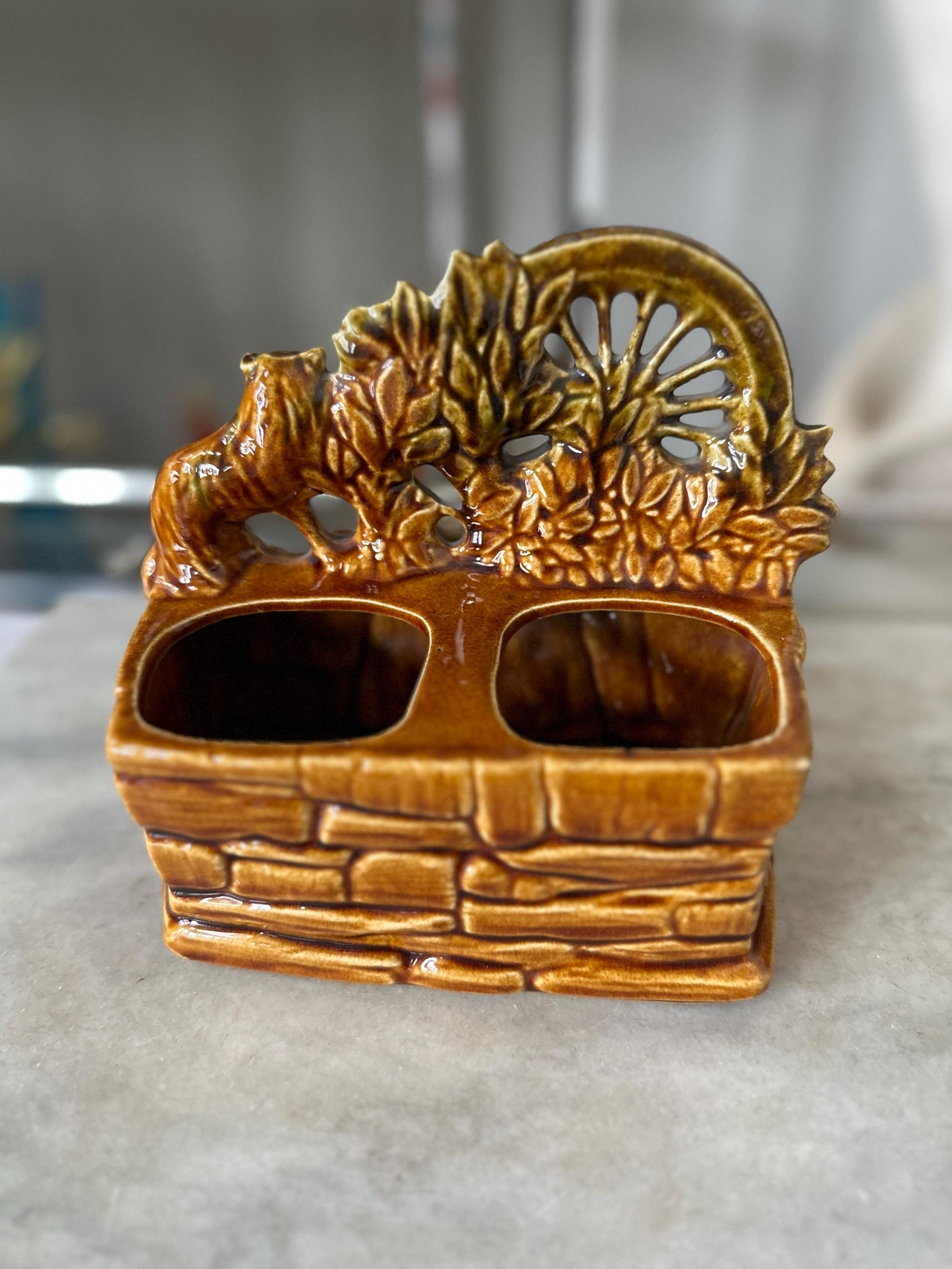 1950s Vintage McCoy Pottery Planter | Spinning Wheel with Cat & Dog | Mid-Century Ceramic | 6.75” Tall