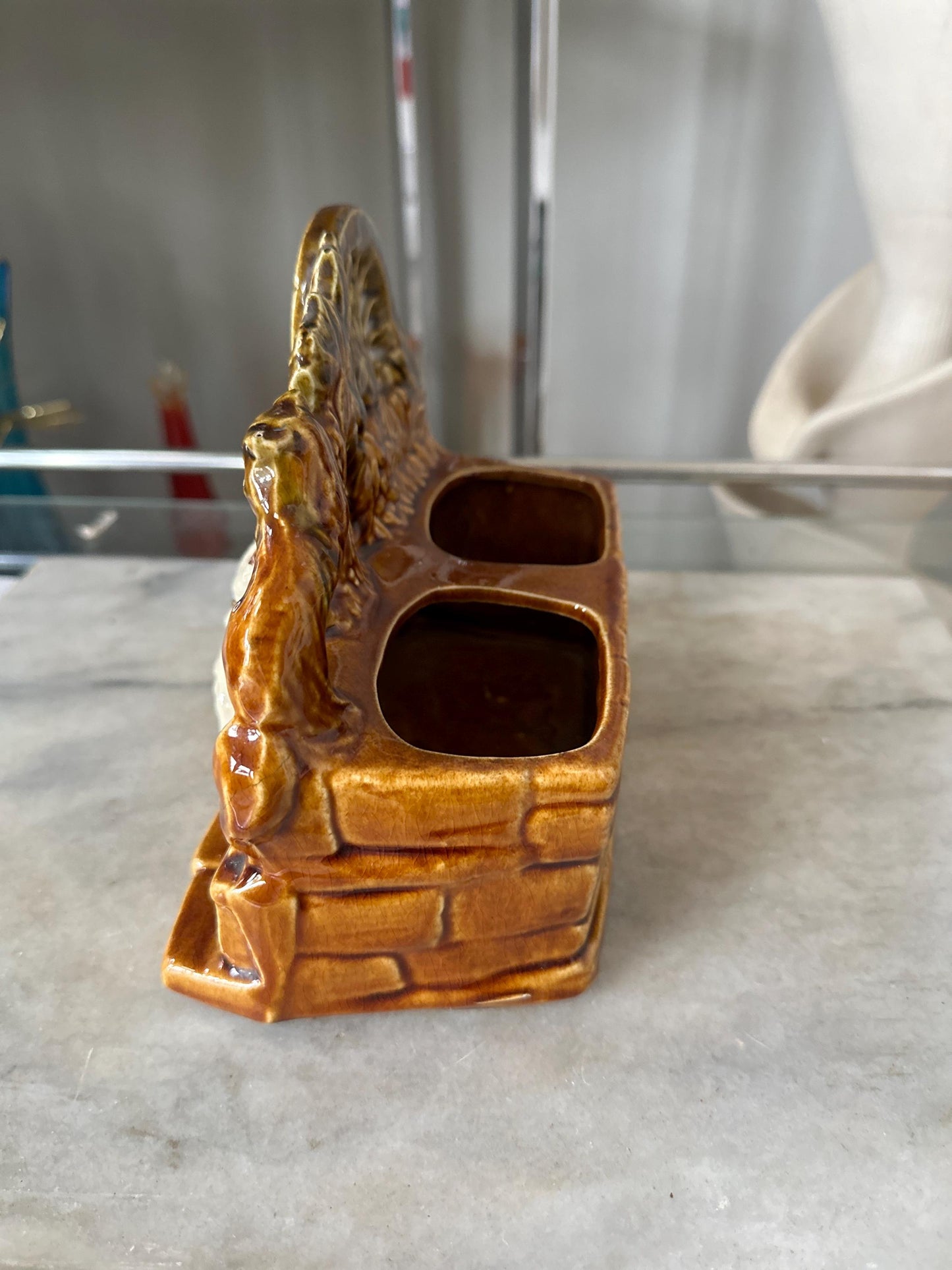 1950s Vintage McCoy Pottery Planter | Spinning Wheel with Cat & Dog | Mid-Century Ceramic | 6.75” Tall