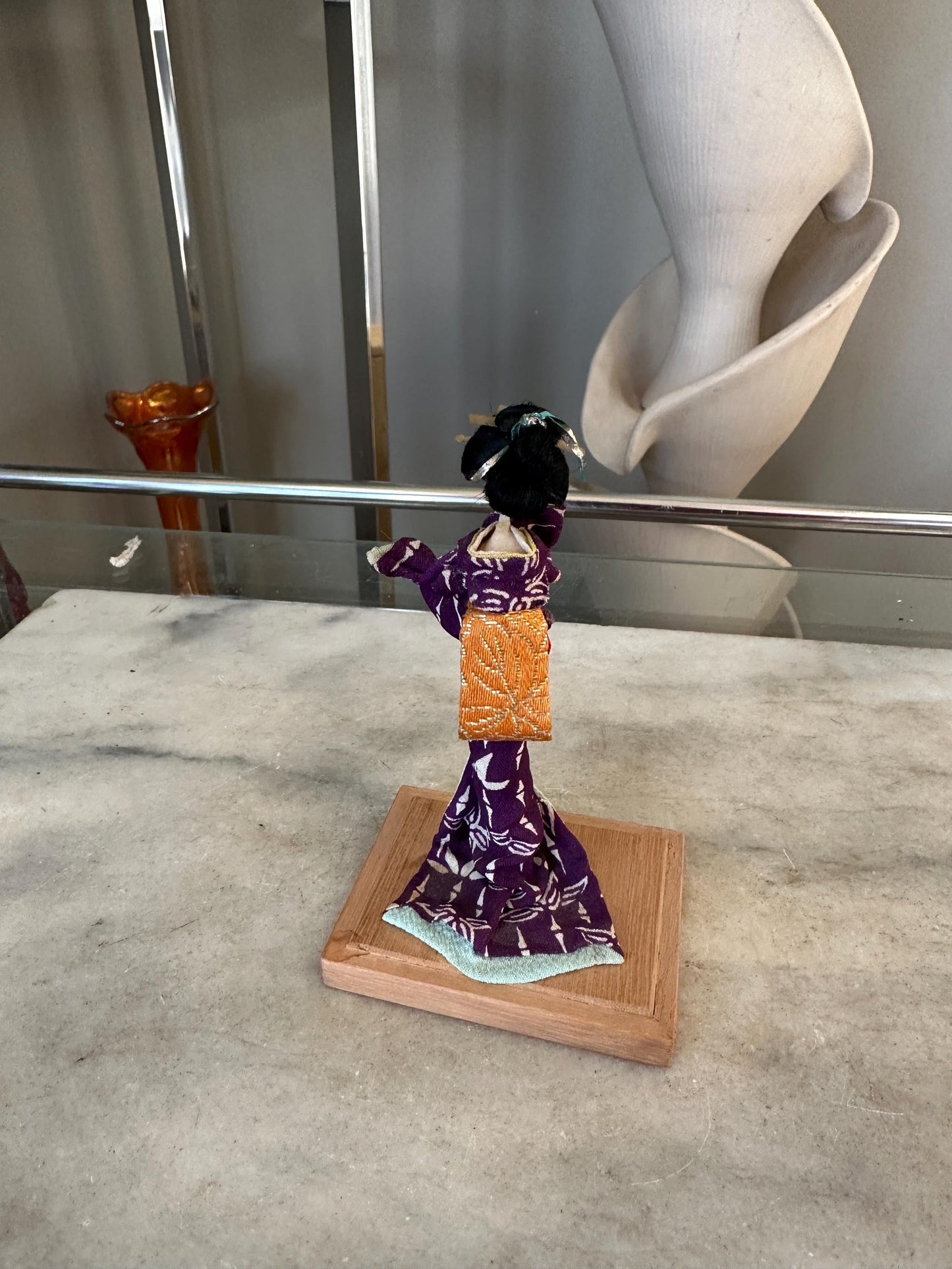 Vintage Japanese Kimono Doll on Wooden Stand – Handmade Asian Figurine – 5 inches tall
