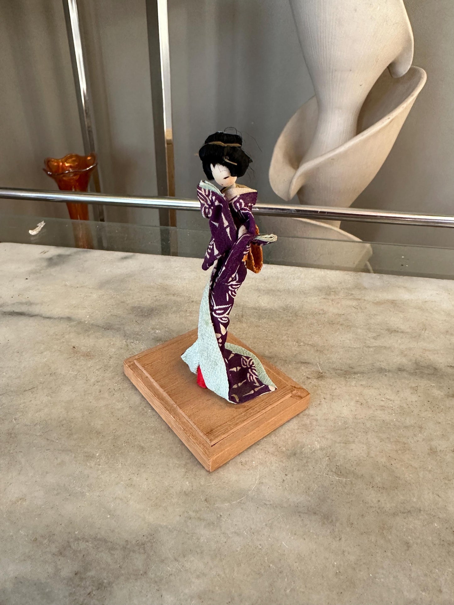 Vintage Japanese Kimono Doll on Wooden Stand – Handmade Asian Figurine – 5 inches tall