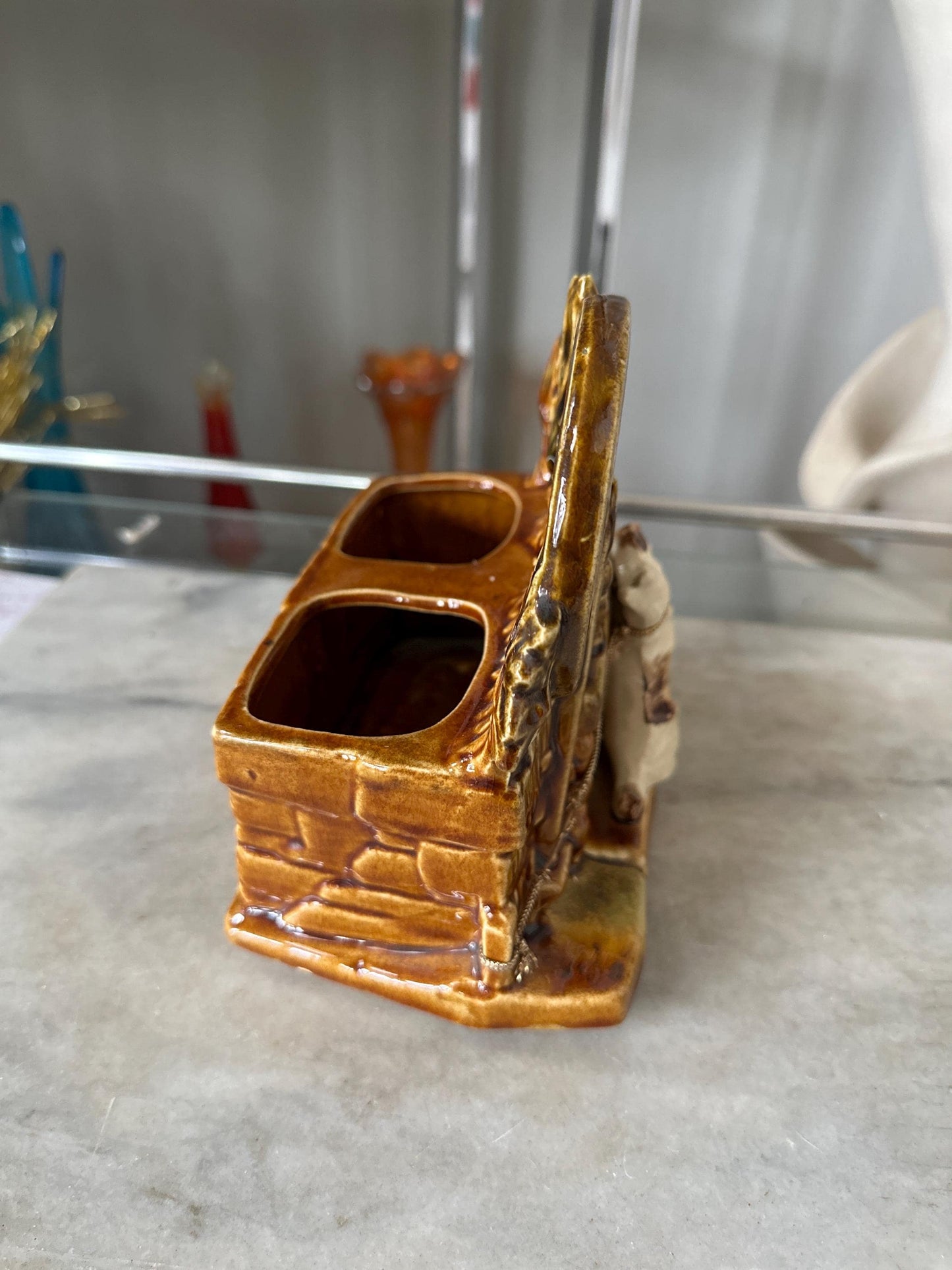 1950s Vintage McCoy Pottery Planter | Spinning Wheel with Cat & Dog | Mid-Century Ceramic | 6.75” Tall