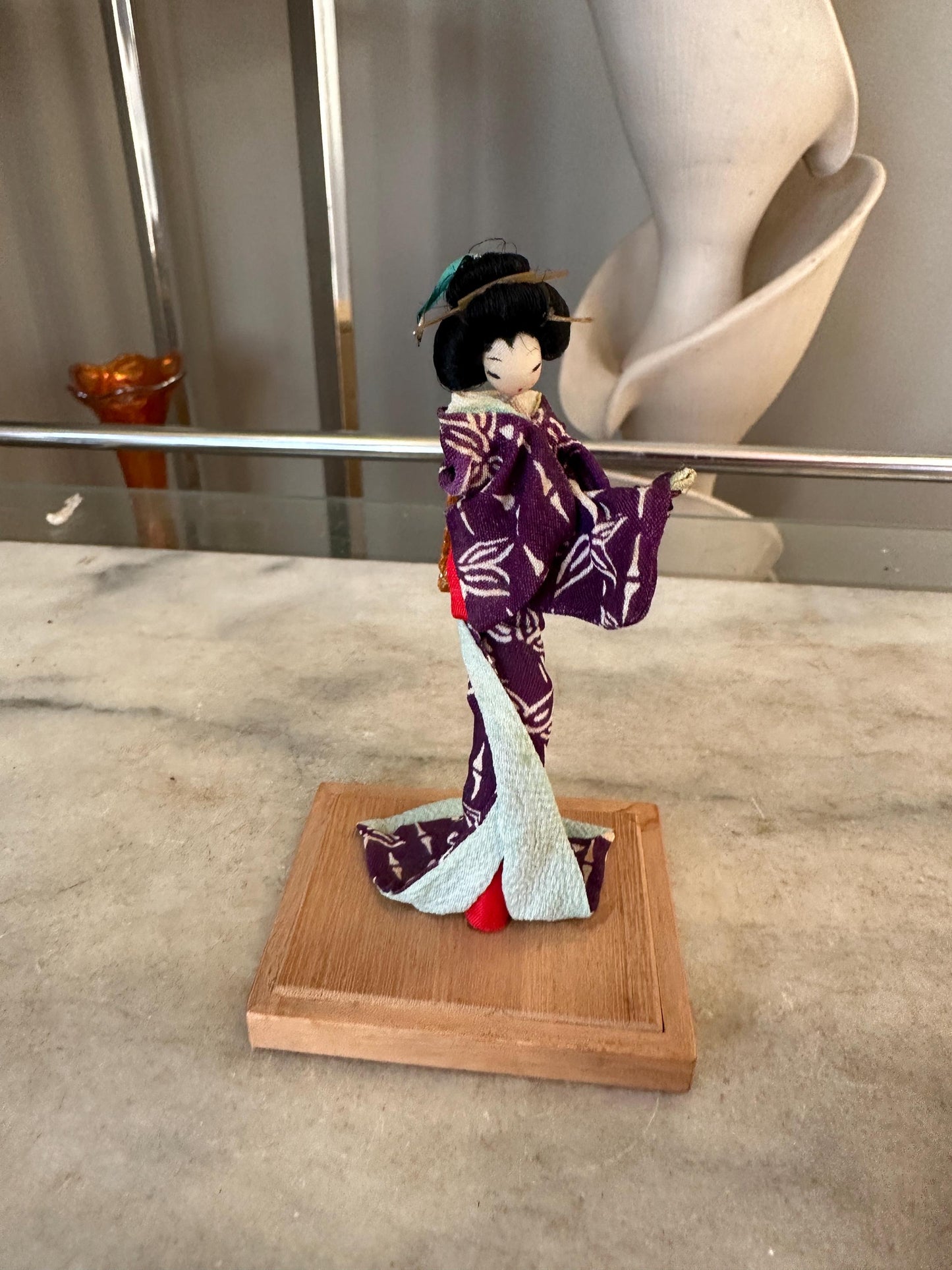 Vintage Japanese Kimono Doll on Wooden Stand – Handmade Asian Figurine – 5 inches tall