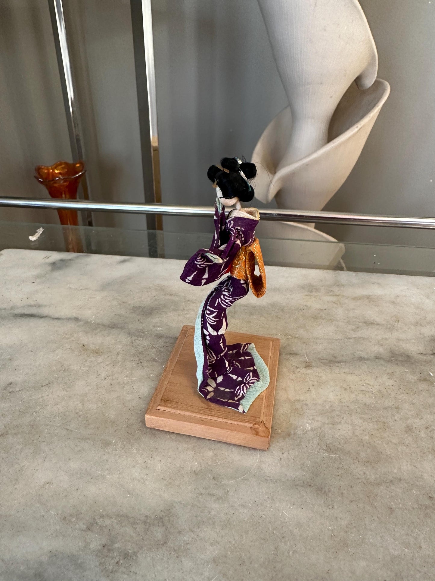 Vintage Japanese Kimono Doll on Wooden Stand – Handmade Asian Figurine – 5 inches tall