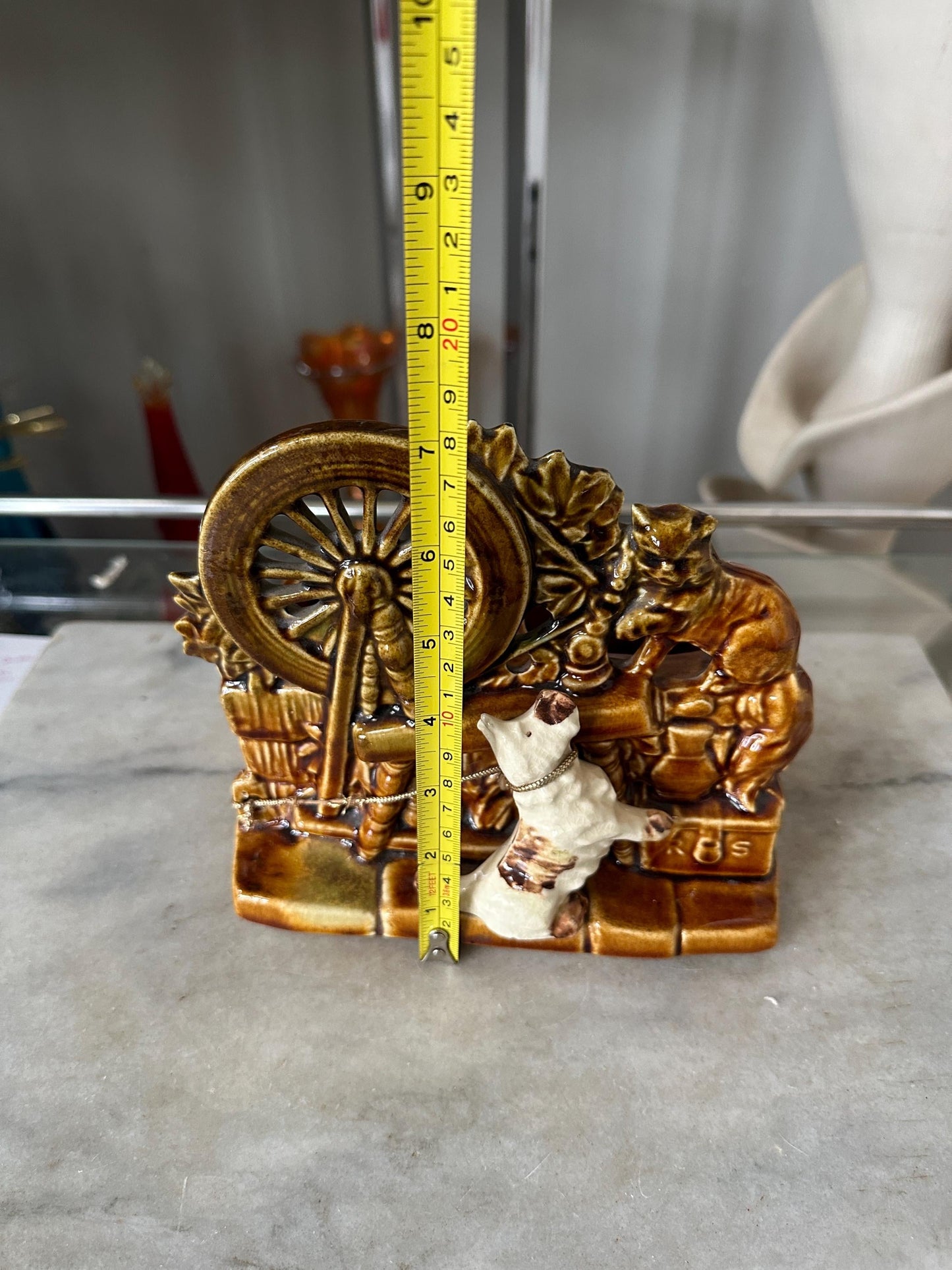 1950s Vintage McCoy Pottery Planter | Spinning Wheel with Cat & Dog | Mid-Century Ceramic | 6.75” Tall