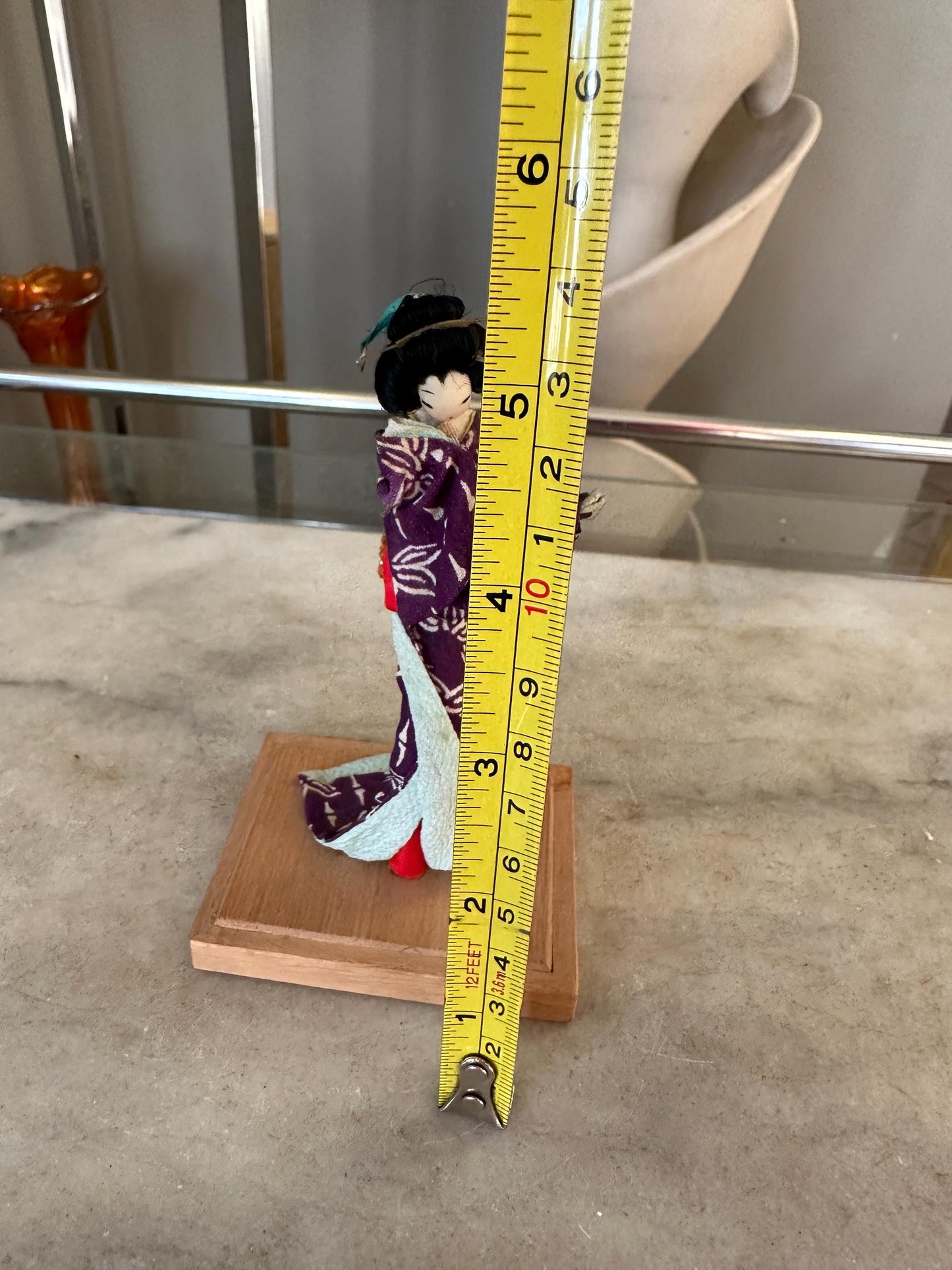 Vintage Japanese Kimono Doll on Wooden Stand – Handmade Asian Figurine – 5 inches tall