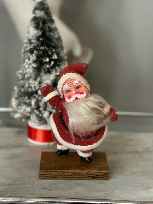 Vintage Flocked Santa Claus: MCM Dancing Christmas Decor on Wooden Base (9"), Kitschy Santa, Rustic Santa