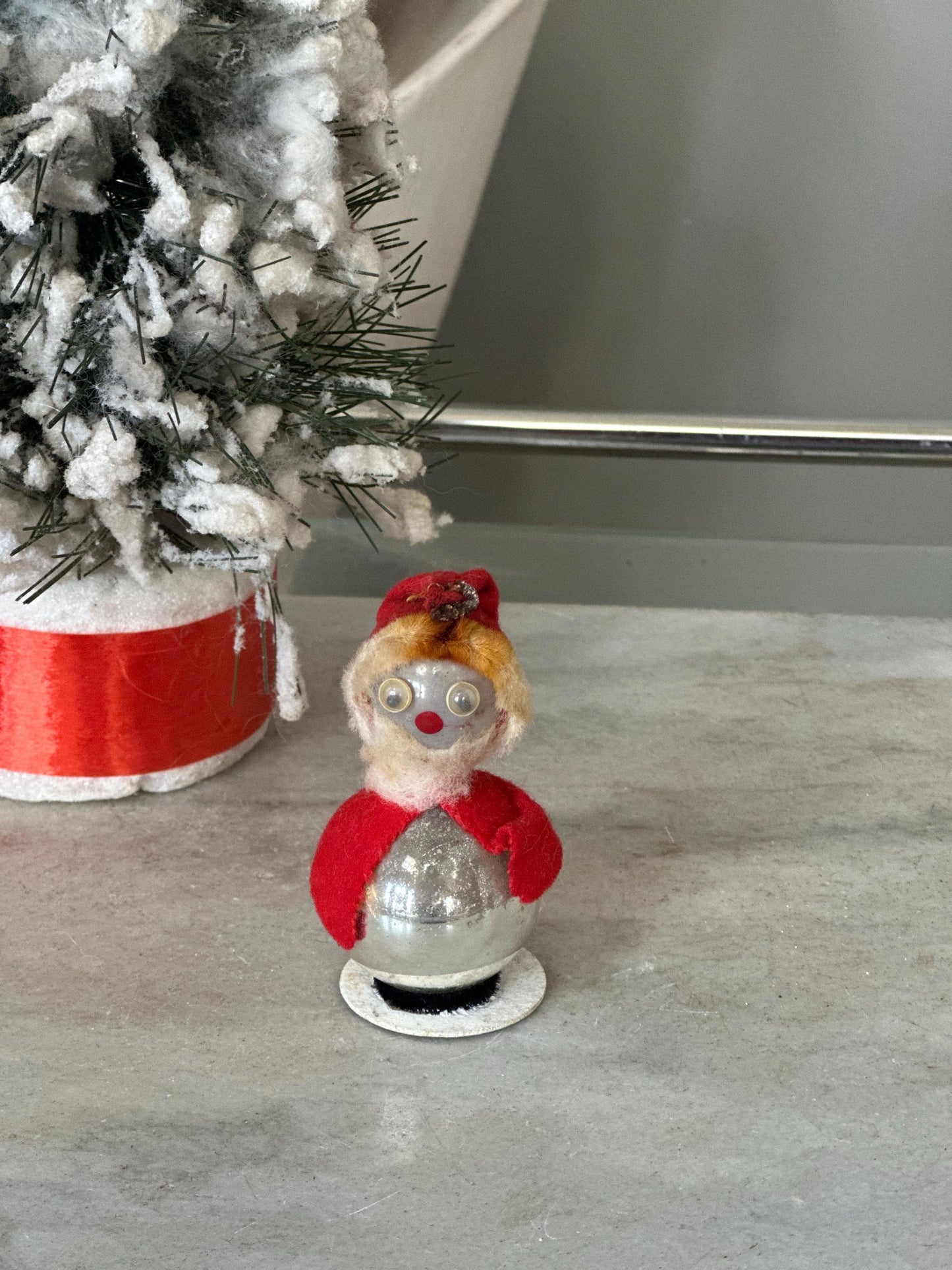 Vintage Christmas Mercury Glass Standing Santa Ornament, Googly Eyes & Felt Hat, Kitschmas