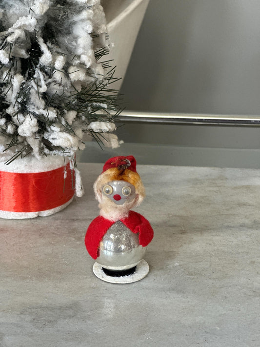 Vintage Christmas Mercury Glass Standing Santa Ornament, Googly Eyes & Felt Hat, Kitschmas