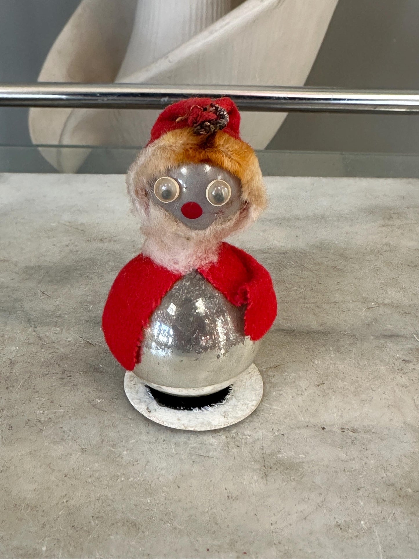 Vintage Christmas Mercury Glass Standing Santa Ornament, Googly Eyes & Felt Hat, Kitschmas