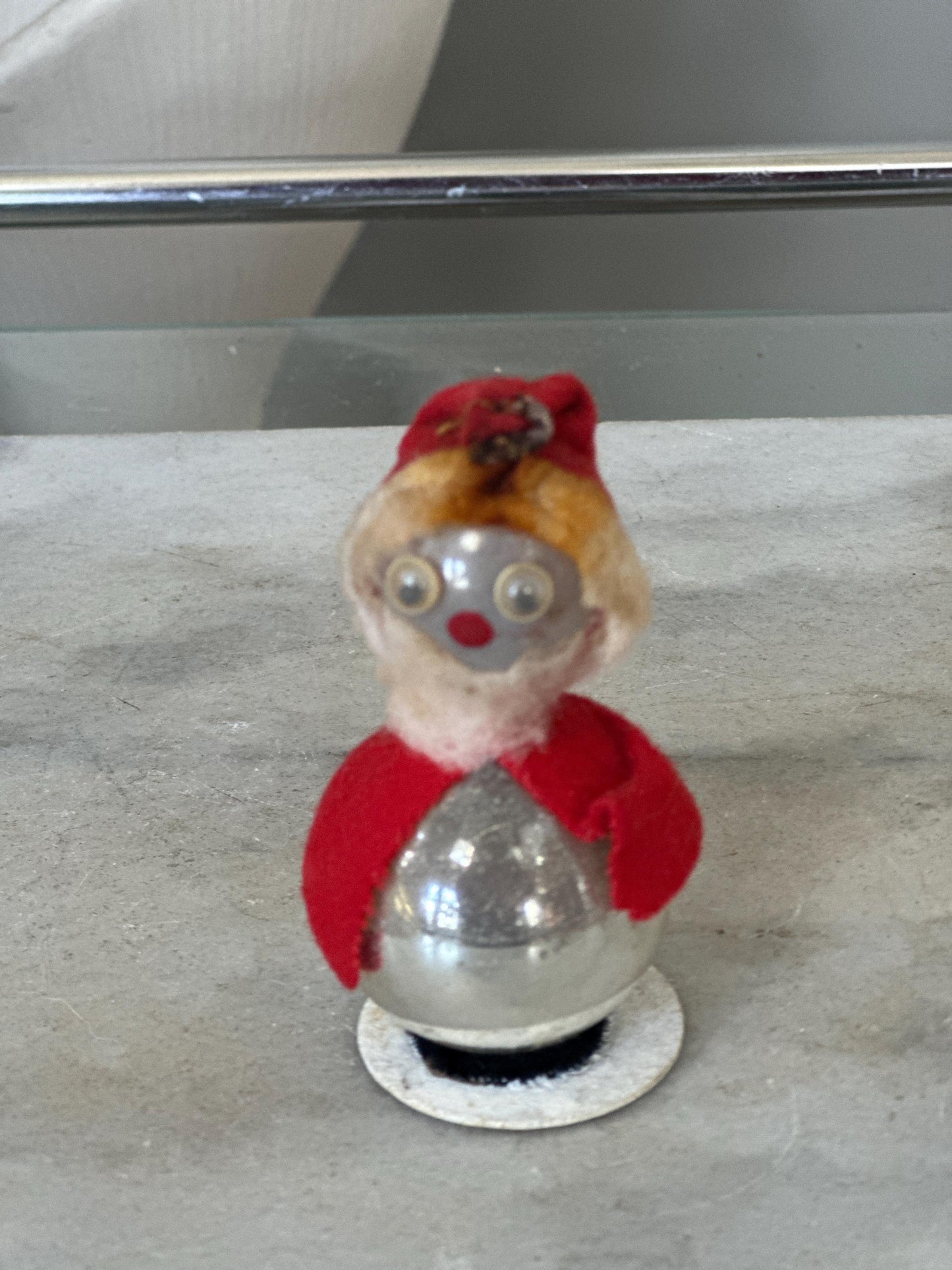 Vintage Christmas Mercury Glass Standing Santa Ornament, Googly Eyes & Felt Hat, Kitschmas