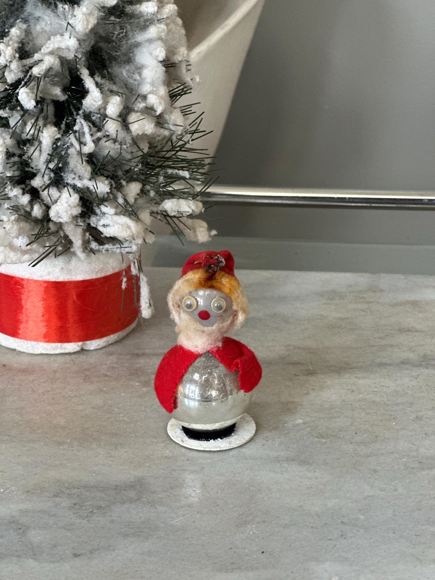 Vintage Christmas Mercury Glass Standing Santa Ornament, Googly Eyes & Felt Hat, Kitschmas