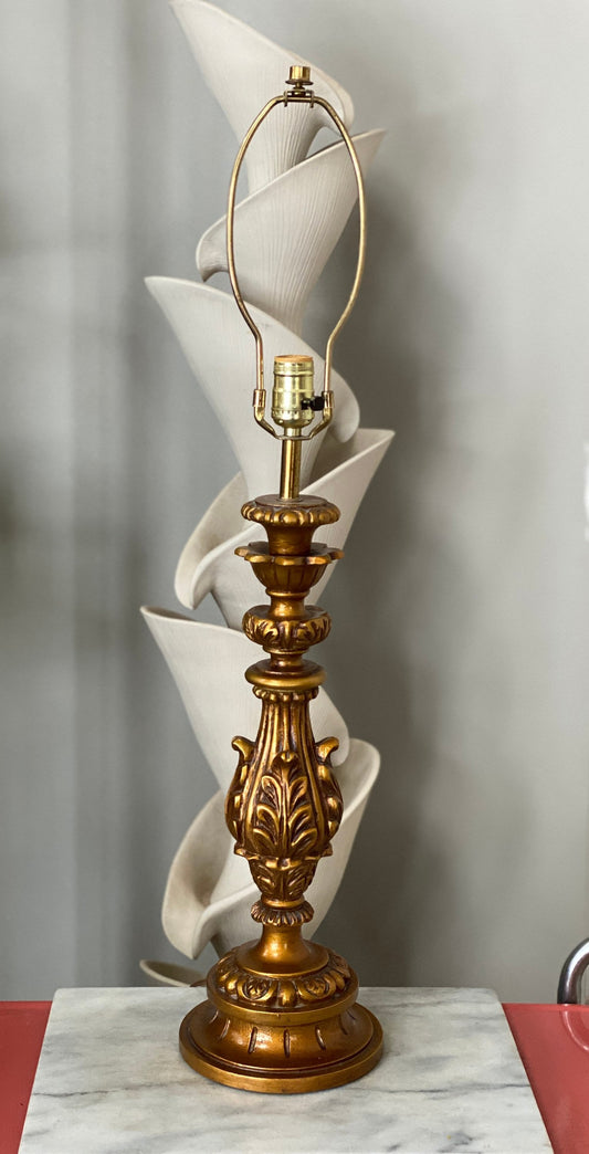 Vintage Underwriters Laboratory Gold Gilded Carved Wooden Lamp | Hollywood Regency Style | Mid Century Lighting