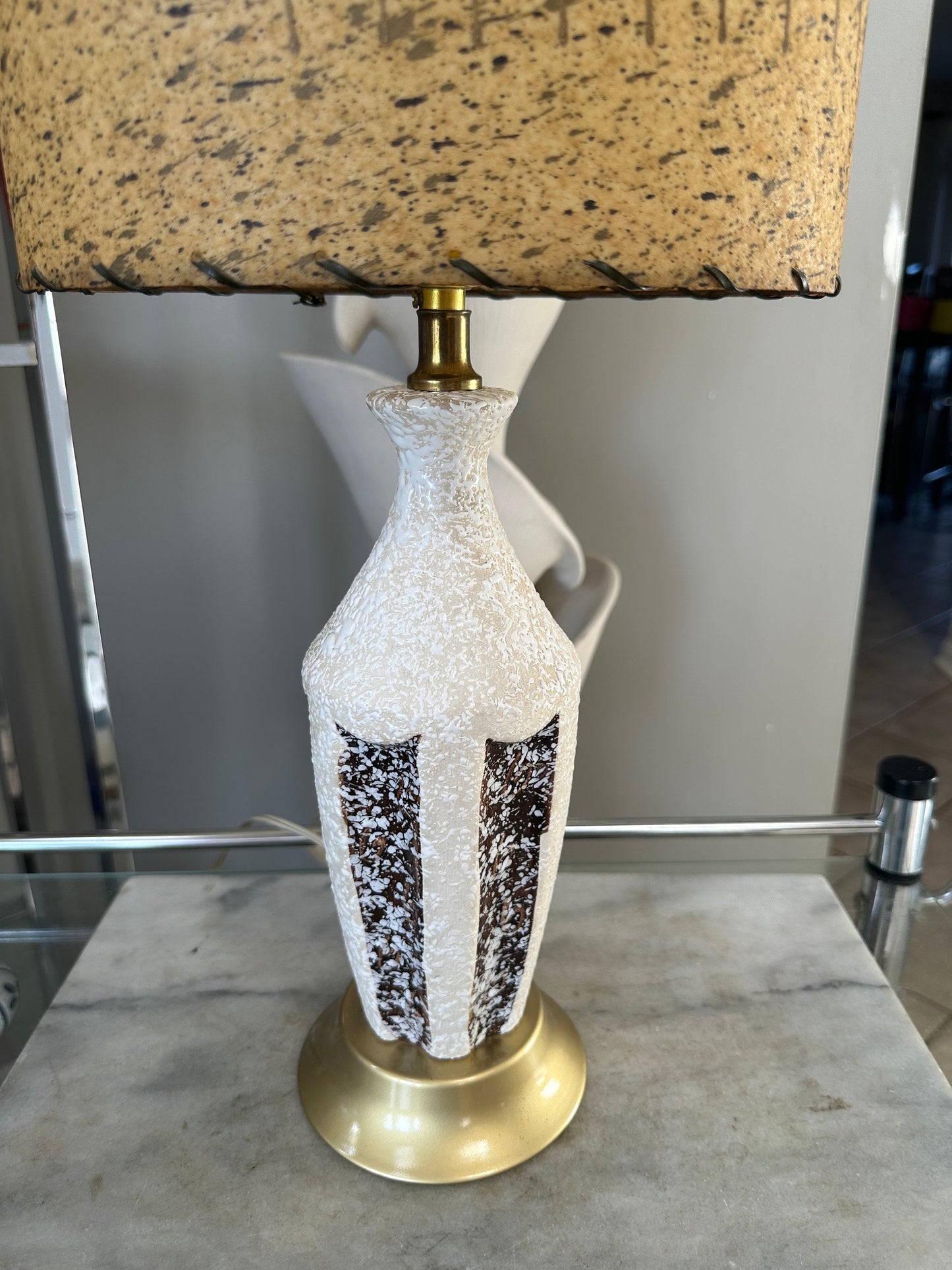 Mid Century Table Lamp Gold Ivory and Gold Teardrop Textured Chalkware Plaster | Diamond Design | Tall MCM Vintage Original