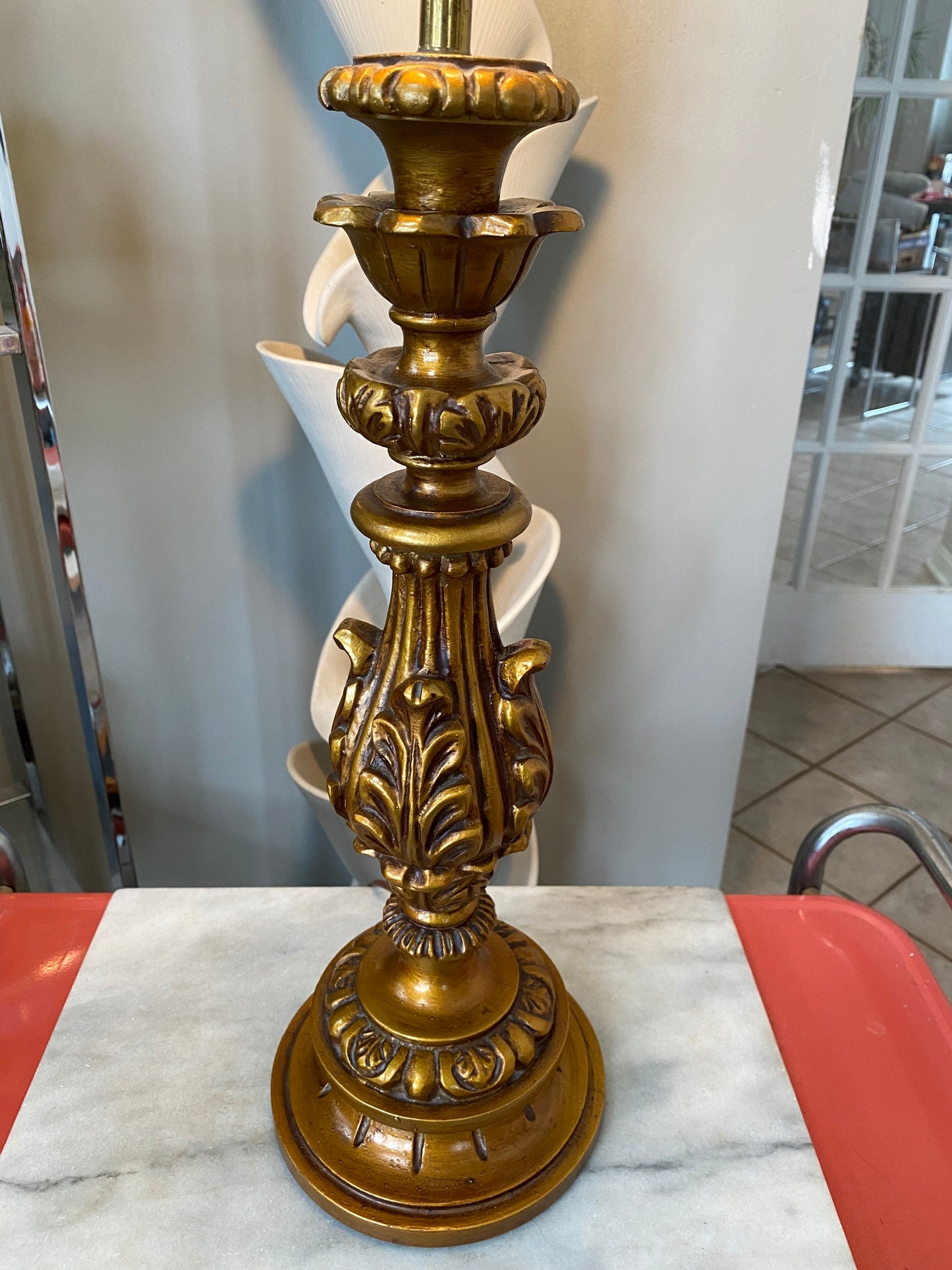 Vintage Underwriters Laboratory Gold Gilded Carved Wooden Lamp | Hollywood Regency Style | Mid Century Lighting