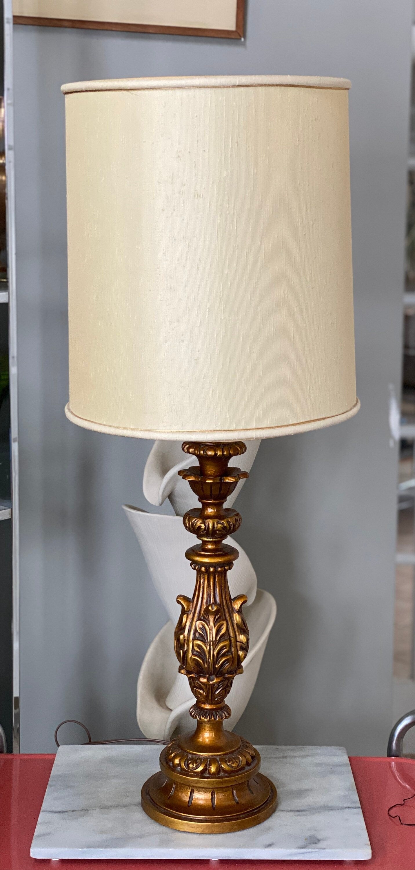 Vintage Undwrwriters Laboratory Gold Gilded Carved Wooden Lamp | Hollywood Regency Style | Mid Century Lighting