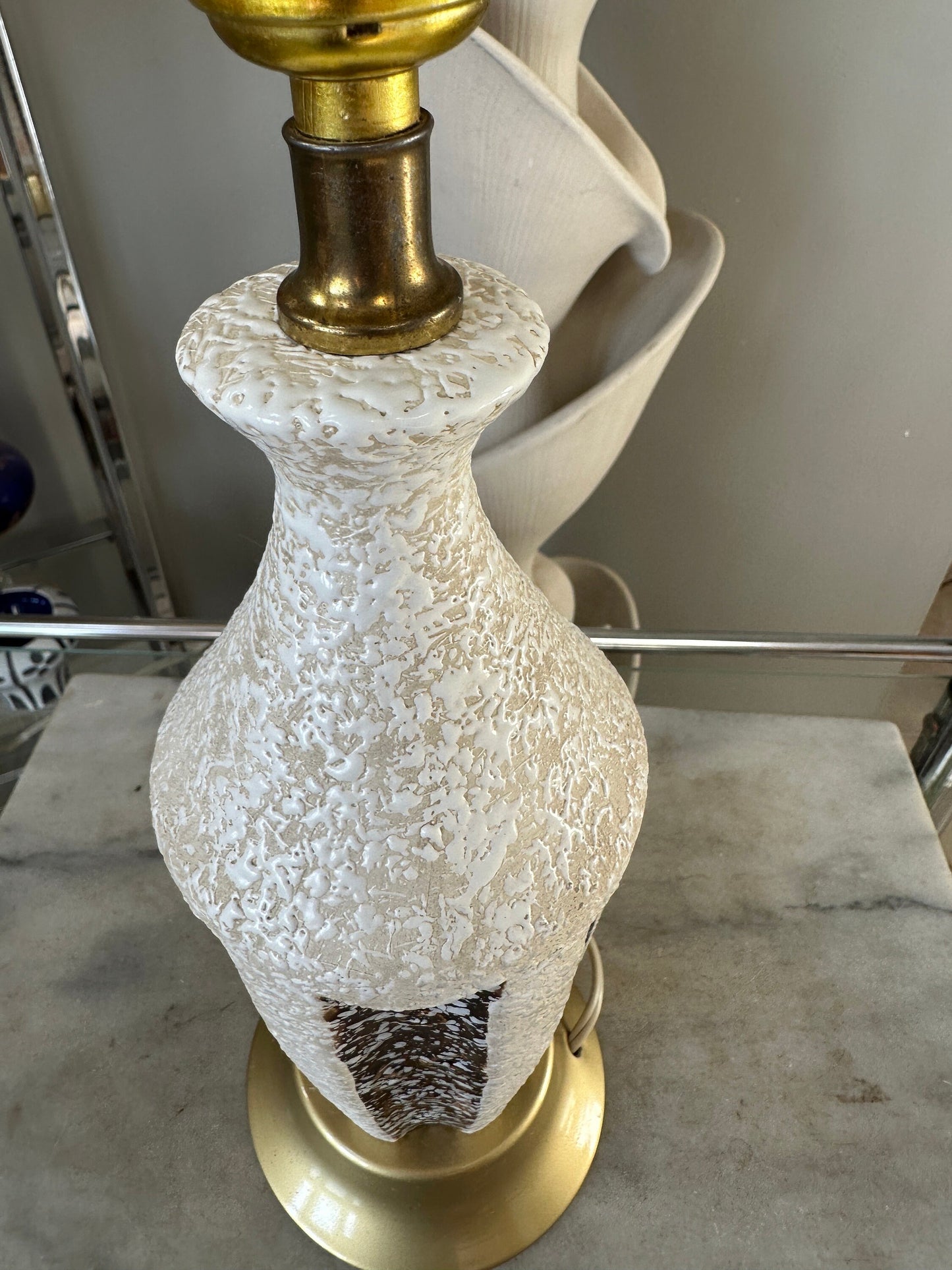 Mid Century Table Lamp Gold Ivory and Gold Teardrop Textured Chalkware Plaster | Diamond Design | Tall MCM Vintage Original