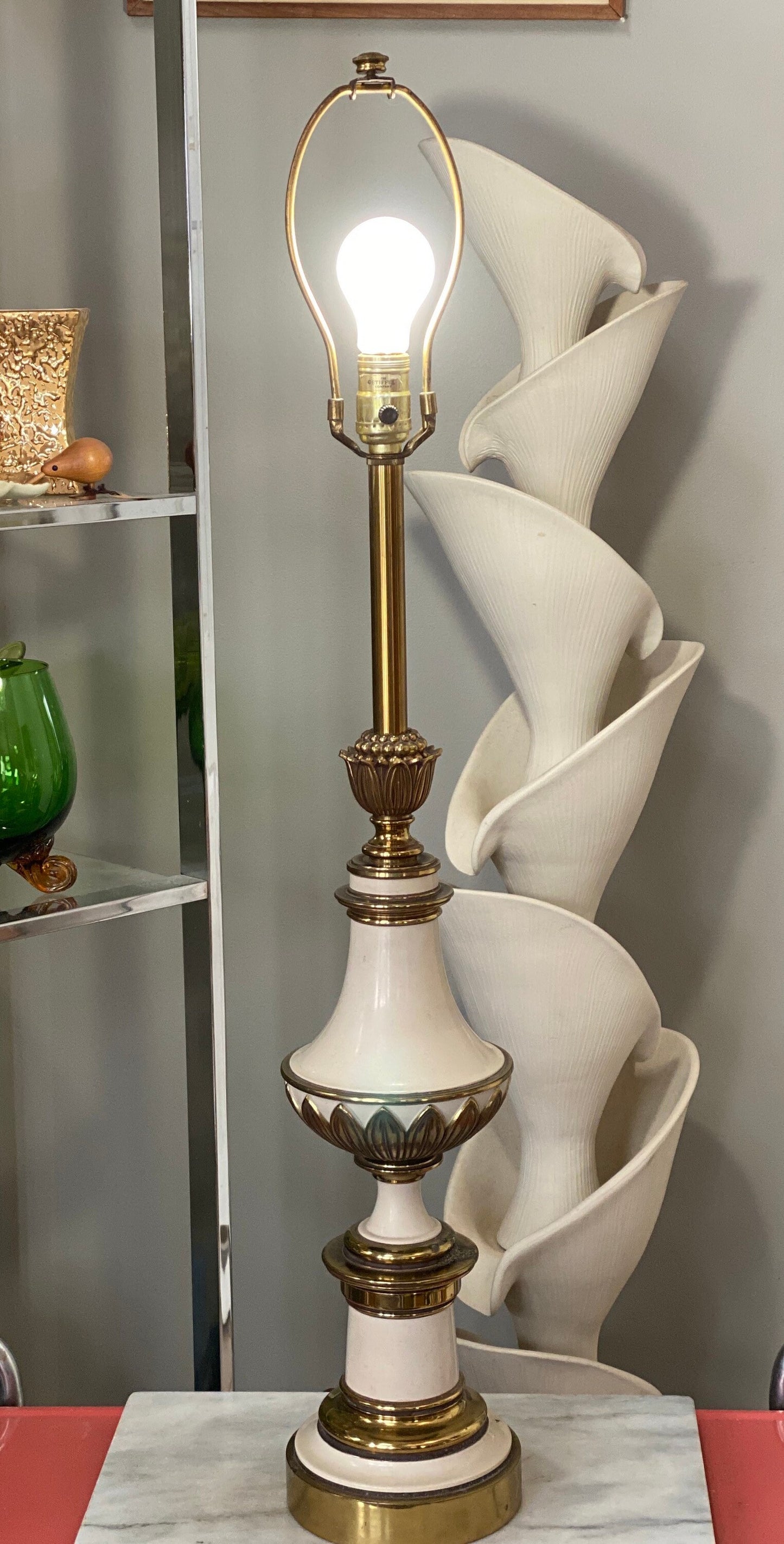 Vintage Stiffel Brass Lamp Solid Metal Mid Century 27 Inch Table Lamp Enamel Tole Style