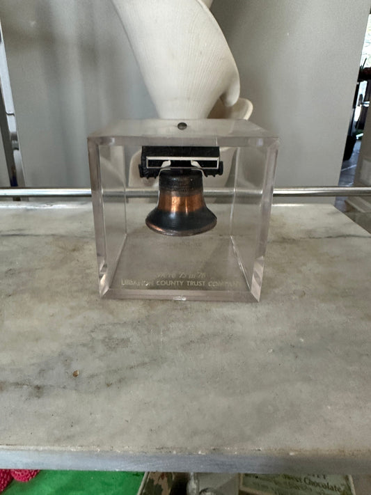 Vintage c. 1976 Bicentennial Metal Copper Wash Liberty Bell Inside Acrylic Cube Piggy Bank Souvenir from the Lebanon Trust Company