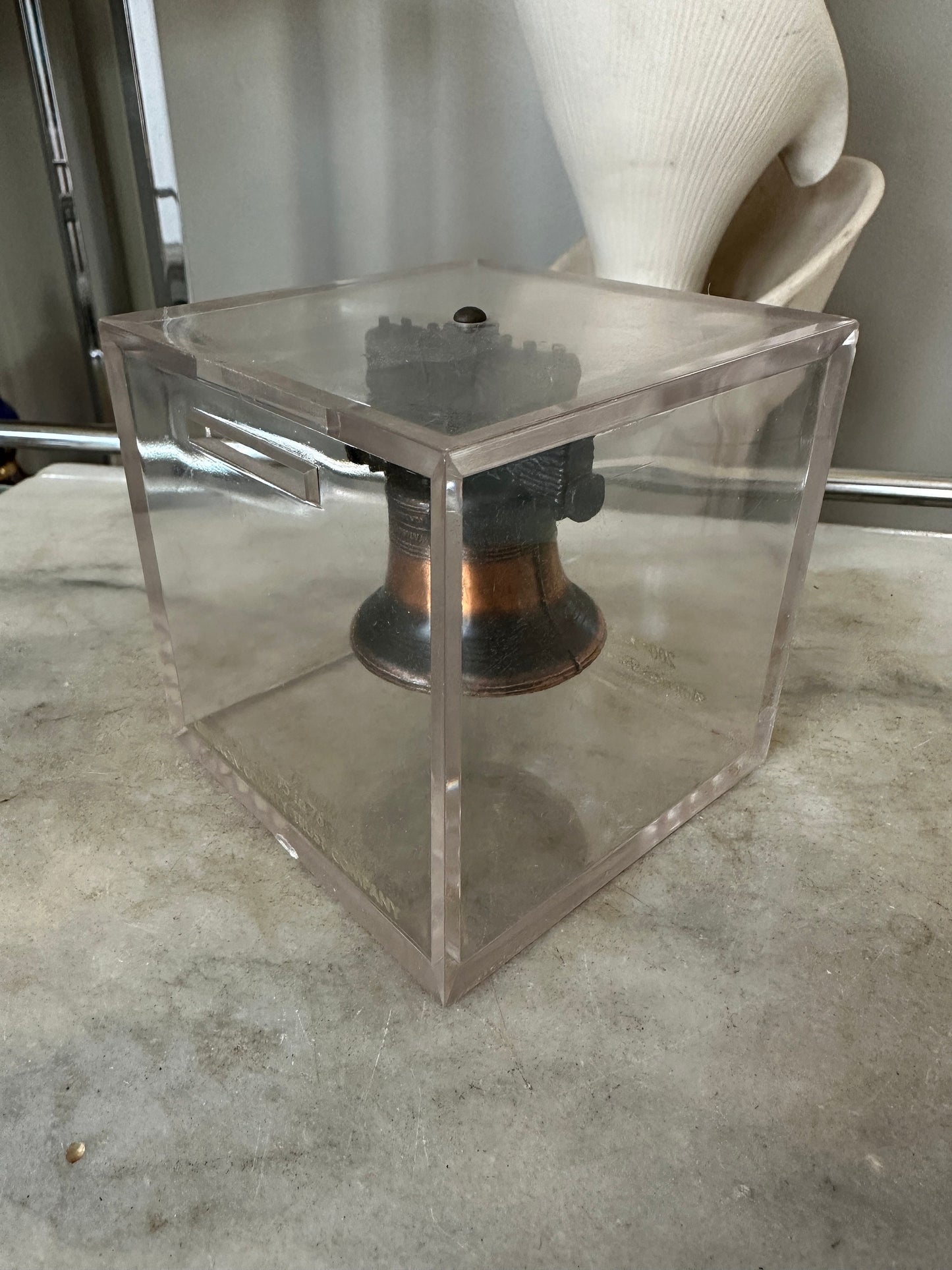 Vintage c. 1976 Bicentennial Metal Copper Wash Liberty Bell Inside Acrylic Cube Piggy Bank Souvenir from the Lebanon Trust Company
