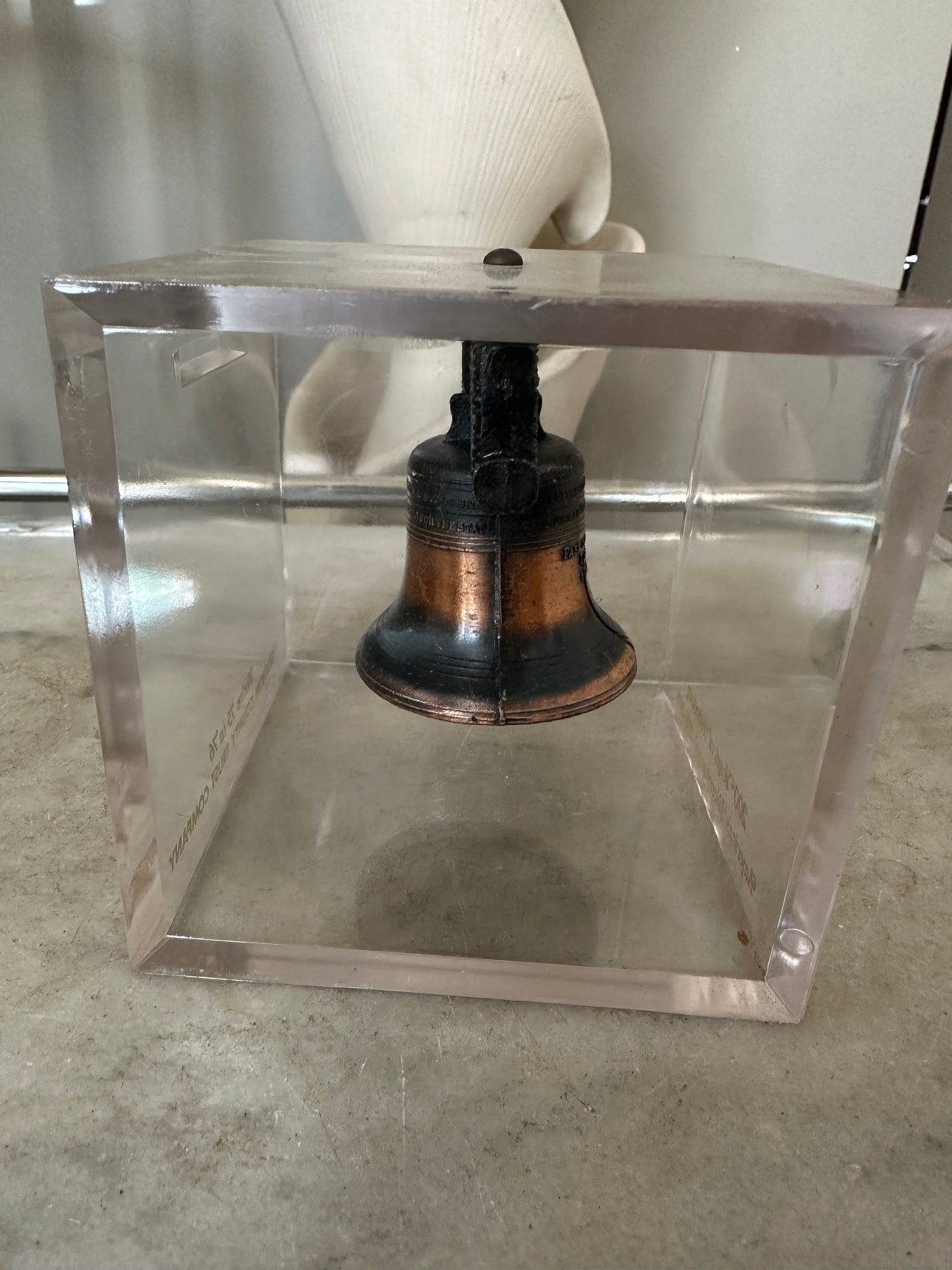 Vintage c. 1976 Bicentennial Metal Copper Wash Liberty Bell Inside Acrylic Cube Piggy Bank Souvenir from the Lebanon Trust Company