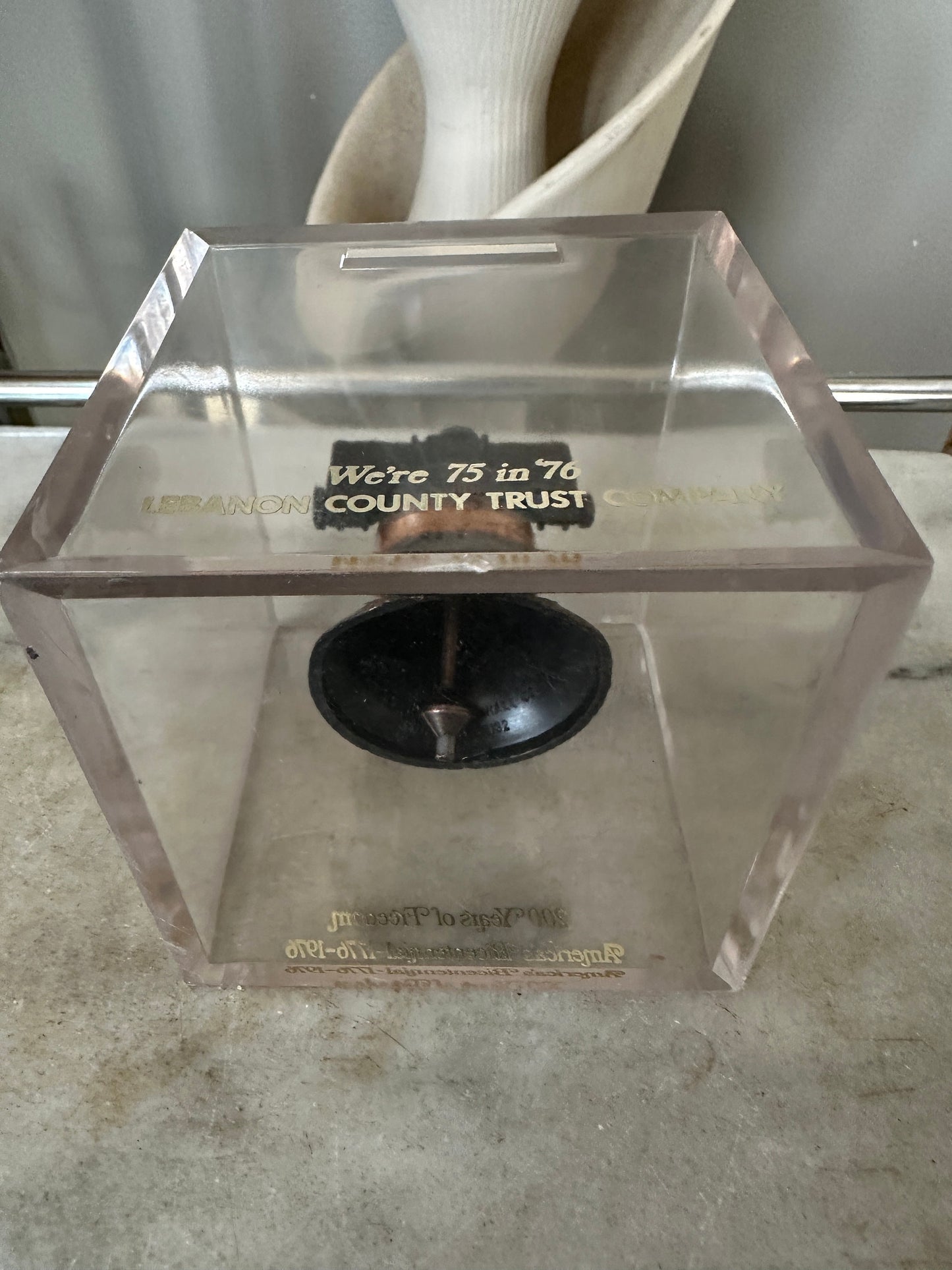 Vintage c. 1976 Bicentennial Metal Copper Wash Liberty Bell Inside Acrylic Cube Piggy Bank Souvenir from the Lebanon Trust Company