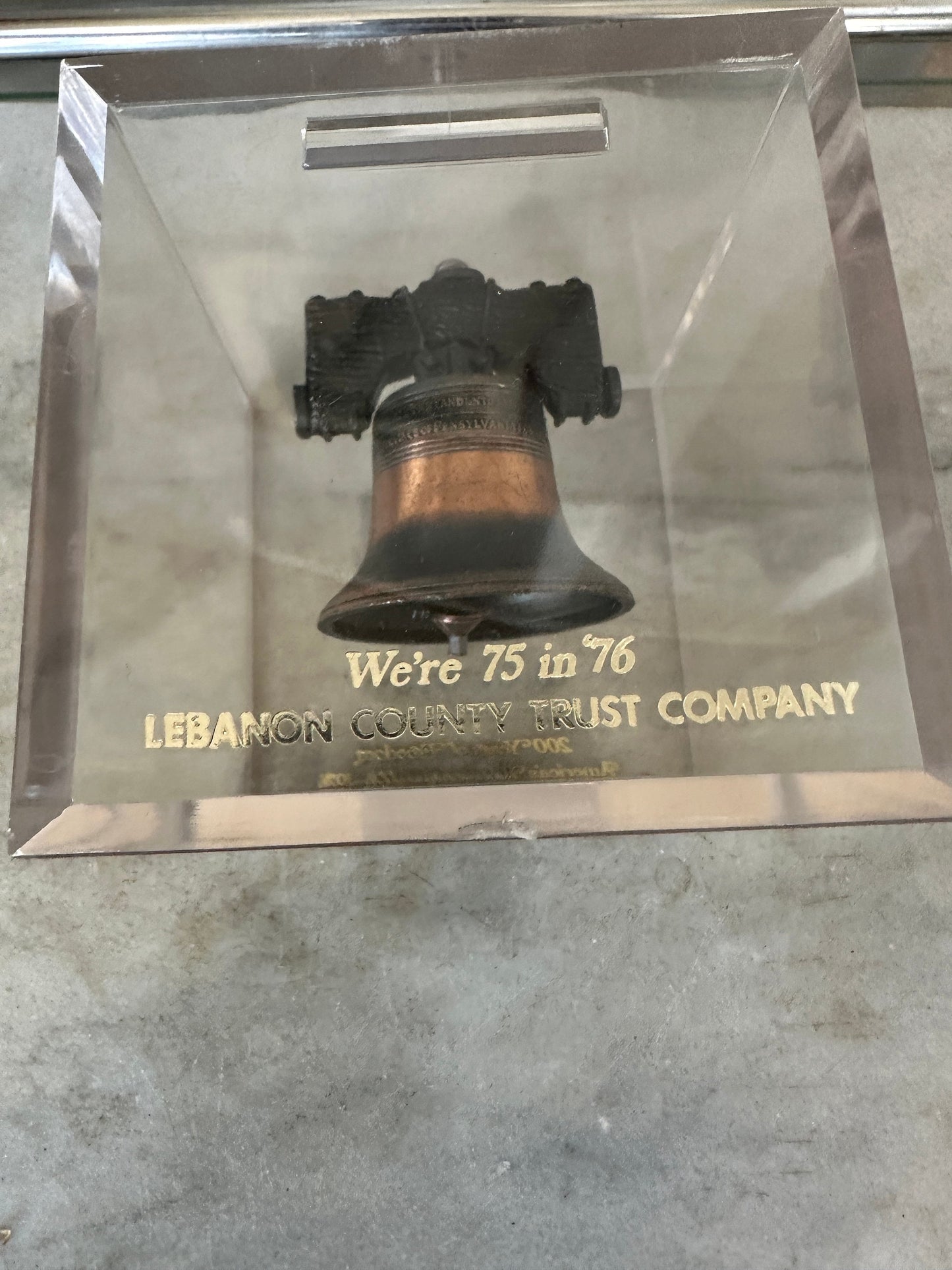 Vintage c. 1976 Bicentennial Metal Copper Wash Liberty Bell Inside Acrylic Cube Piggy Bank Souvenir from the Lebanon Trust Company