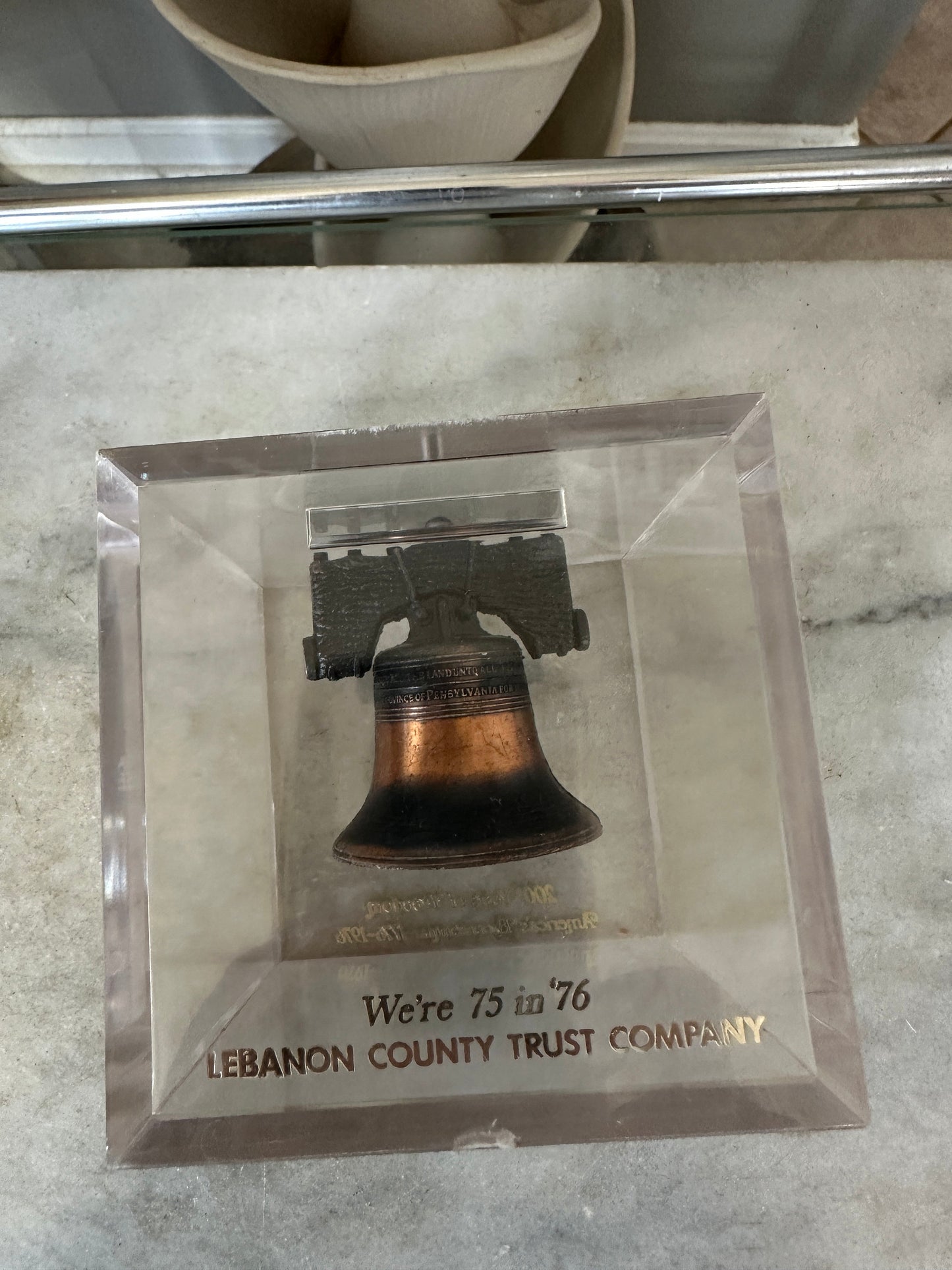 Vintage c. 1976 Bicentennial Metal Copper Wash Liberty Bell Inside Acrylic Cube Piggy Bank Souvenir from the Lebanon Trust Company