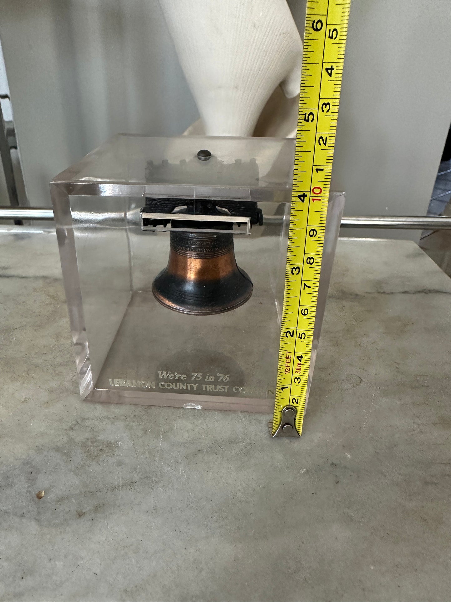 Vintage c. 1976 Bicentennial Metal Copper Wash Liberty Bell Inside Acrylic Cube Piggy Bank Souvenir from the Lebanon Trust Company