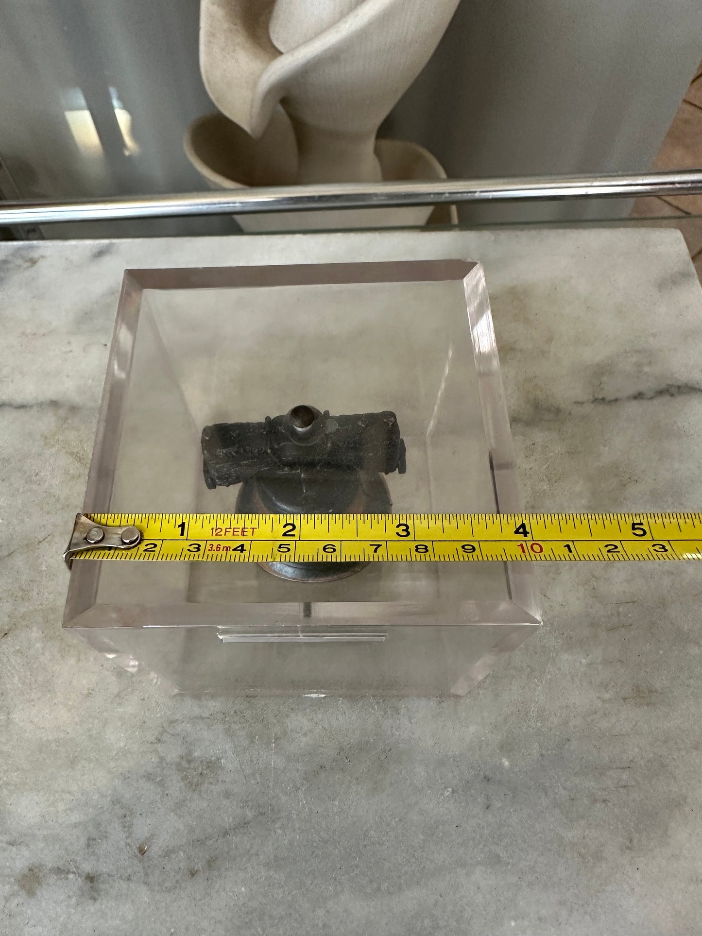 Vintage c. 1976 Bicentennial Metal Copper Wash Liberty Bell Inside Acrylic Cube Piggy Bank Souvenir from the Lebanon Trust Company