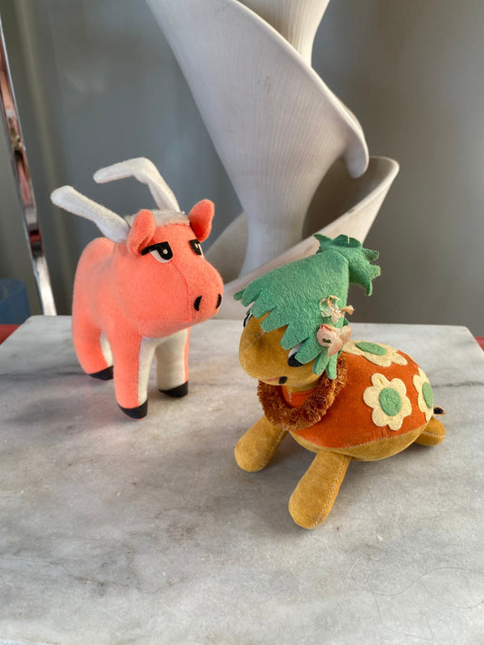 Vintage Pair of Dream Plush Toys |  Honolulu Harry Turtle and Neon Pink Bull Plush Stuffed Animal Dream Pets |