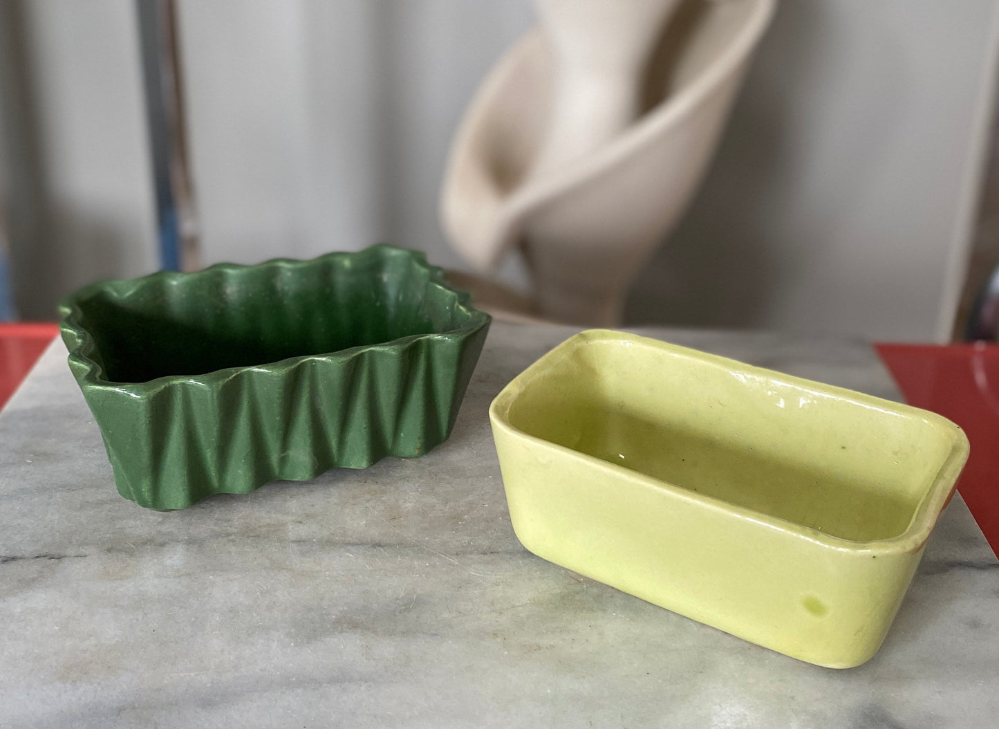 Two Vintage USA Pottery Planters | Upco Planter in Green | Cookson Pottery CP 316 in Lime Green