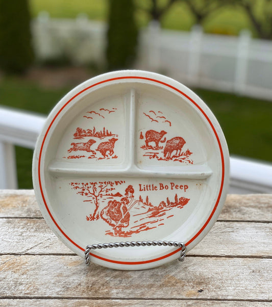 Vintage Little Bo Peep Children’s Dish/Divided Childs Plate/Home and Living/Kitchen and Dining/Mid Century/Dining and Serving/Red and White