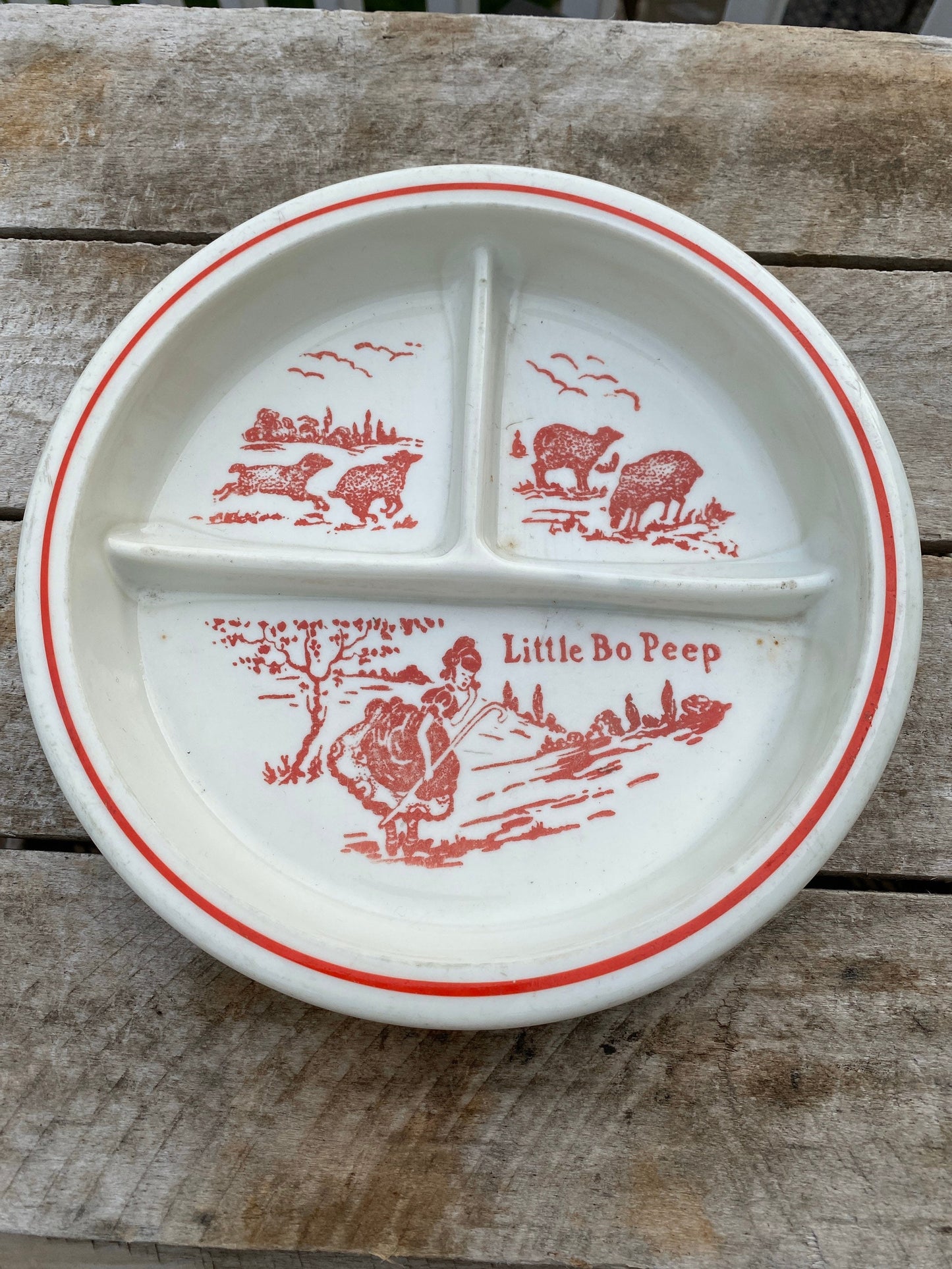 Vintage Little Bo Peep Children’s Dish/Divided Childs Plate/Home and Living/Kitchen and Dining/Mid Century/Dining and Serving/Red and White