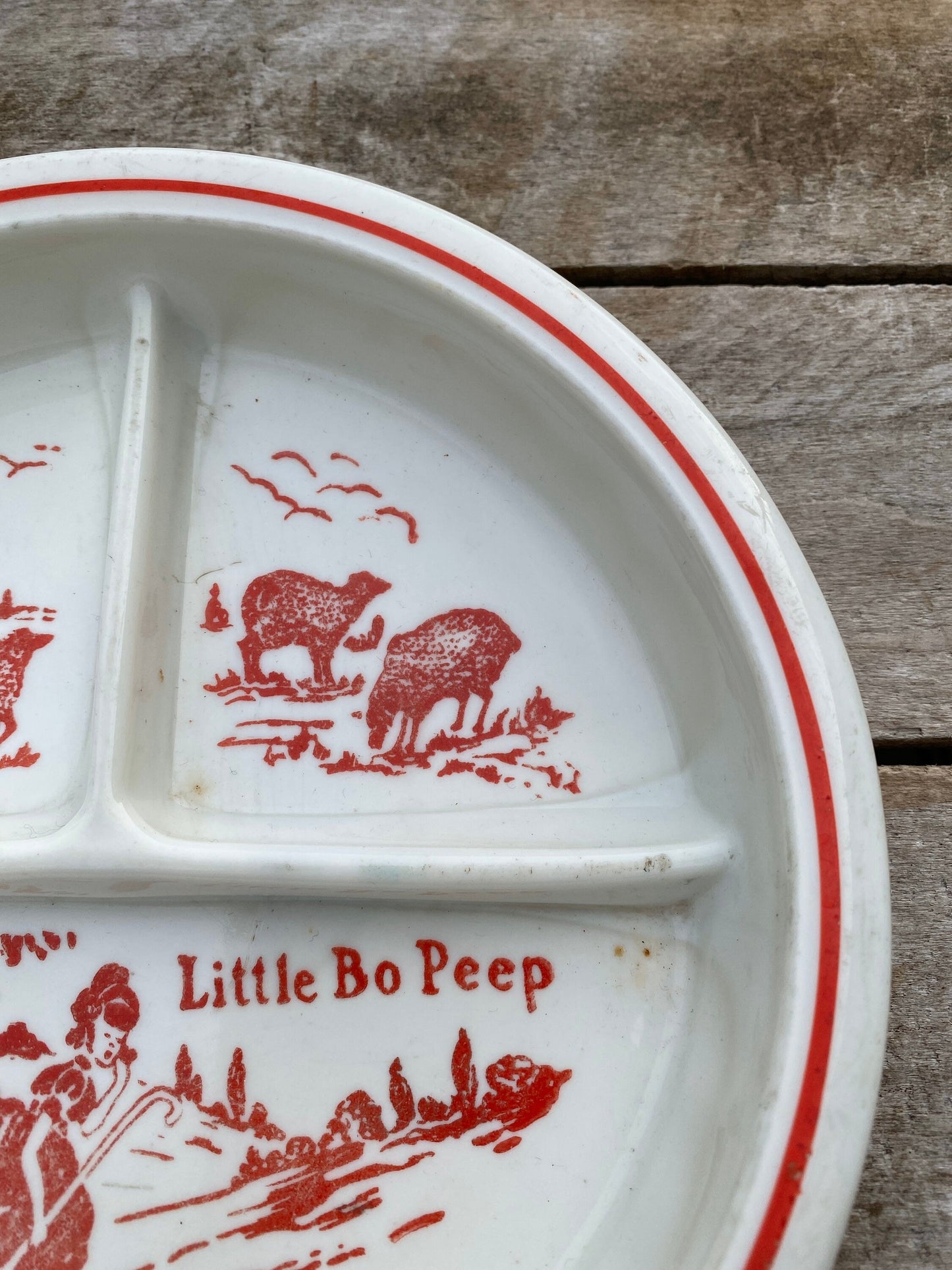 Vintage Little Bo Peep Children’s Dish/Divided Childs Plate/Home and Living/Kitchen and Dining/Mid Century/Dining and Serving/Red and White