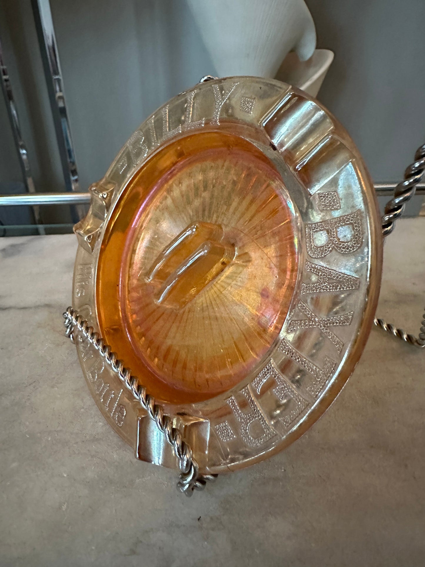 Vintage Marigold Carnival Glass AshTray—Billy Baxter The Clear Boytle advertising | Marigold Carnival Glass |