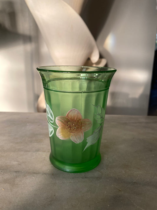 Antique Victorian Green Panel Glass Tumblers, Enameled Flowers, Made in USA, 1800’s, Northwood