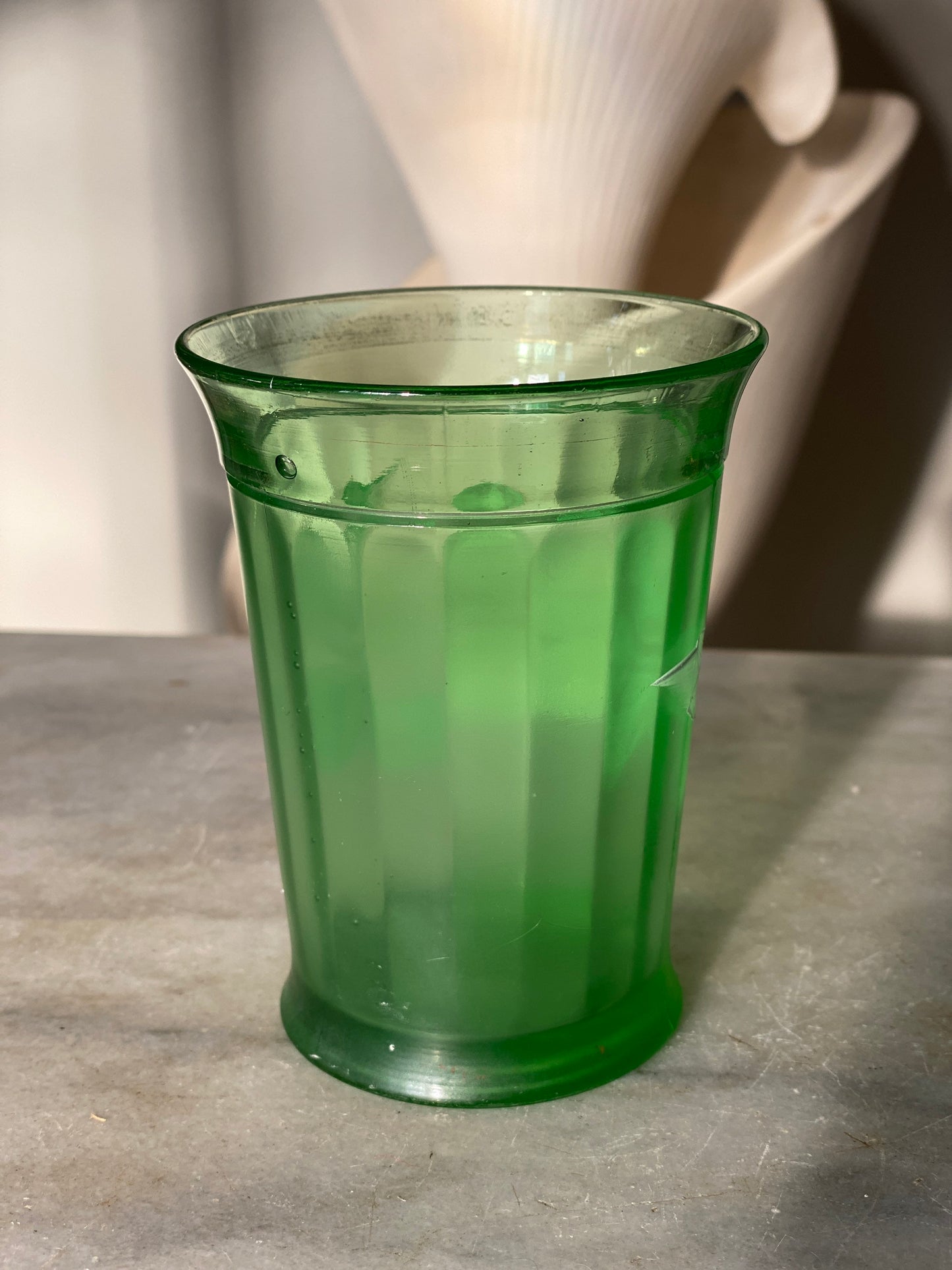 Antique Victorian Green Panel Glass Tumblers, Enameled Flowers, Made in USA, 1800’s, Northwood