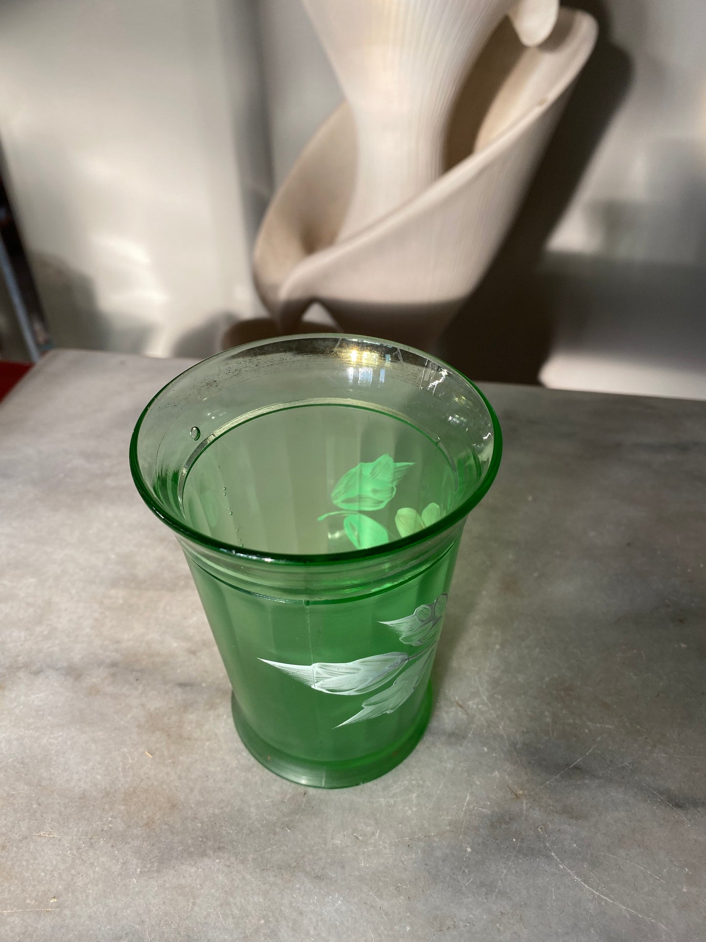 Antique Victorian Green Panel Glass Tumblers, Enameled Flowers, Made in USA, 1800’s, Northwood