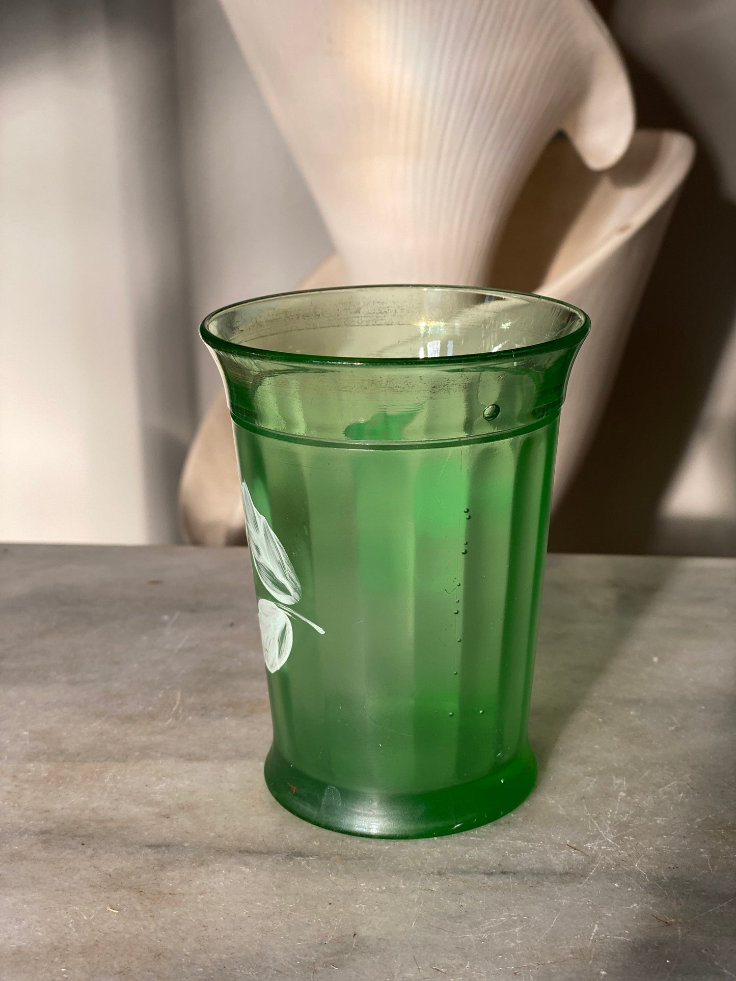 Antique Victorian Green Panel Glass Tumblers, Enameled Flowers, Made in USA, 1800’s, Northwood