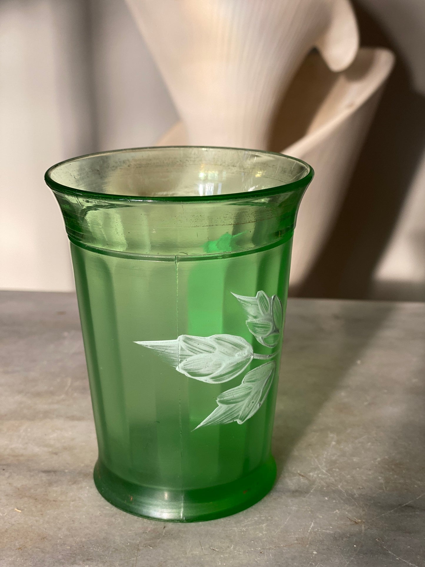 Antique Victorian Green Panel Glass Tumblers, Enameled Flowers, Made in USA, 1800’s, Northwood