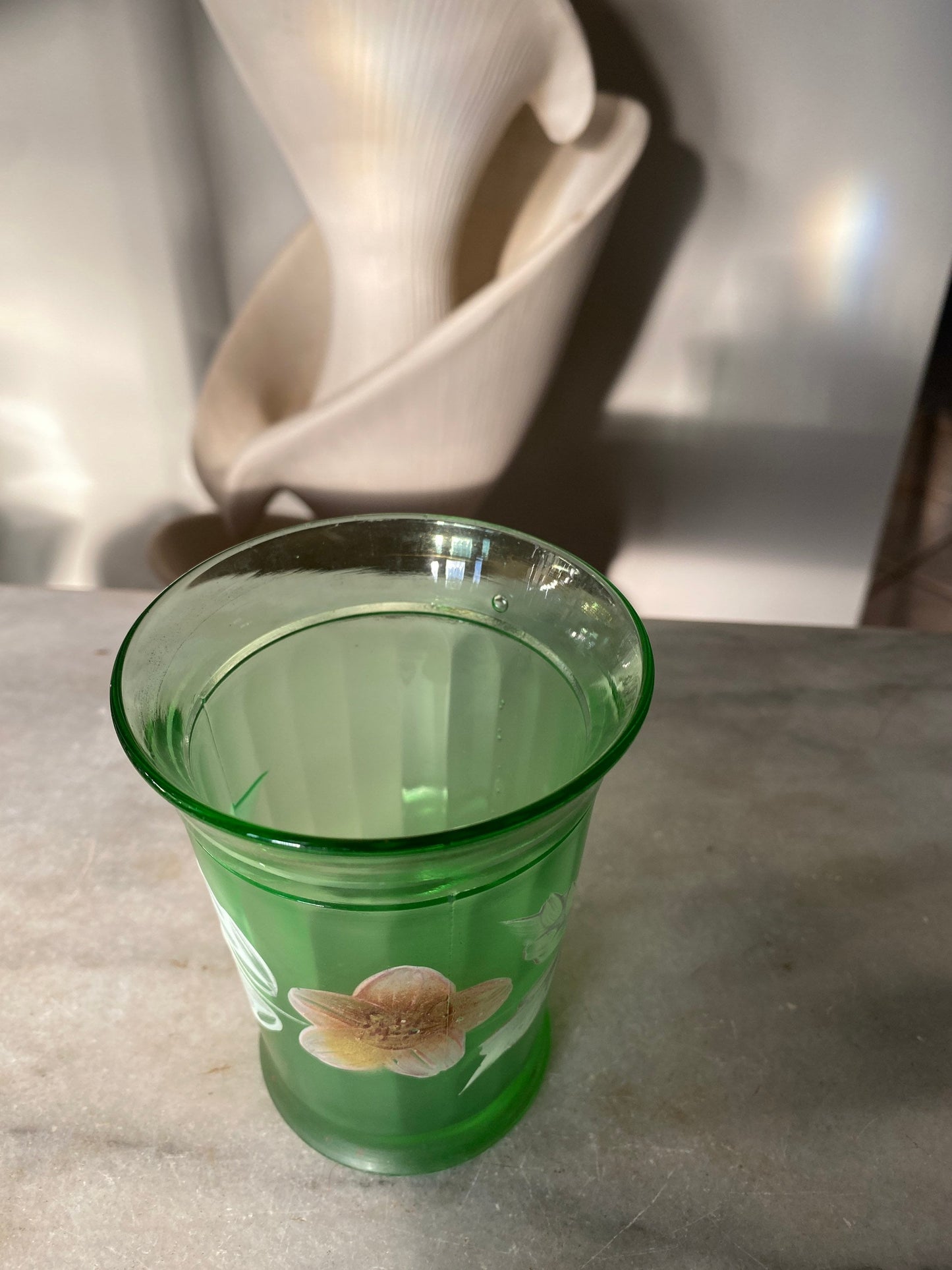 Antique Victorian Green Panel Glass Tumblers, Enameled Flowers, Made in USA, 1800’s, Northwood